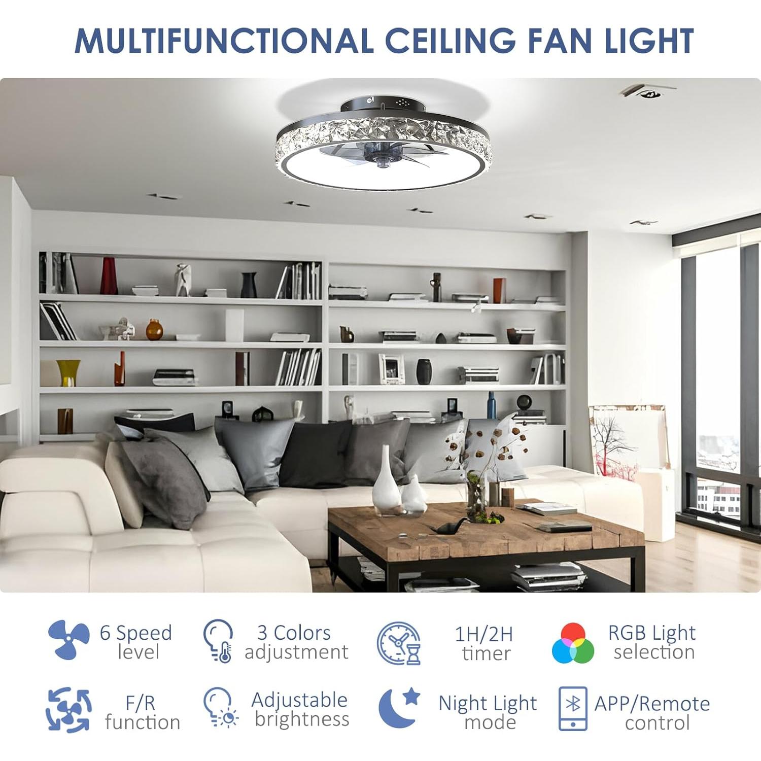 Ventilador de Techo Inteligente RGB 50cm con Luz y Control Remoto