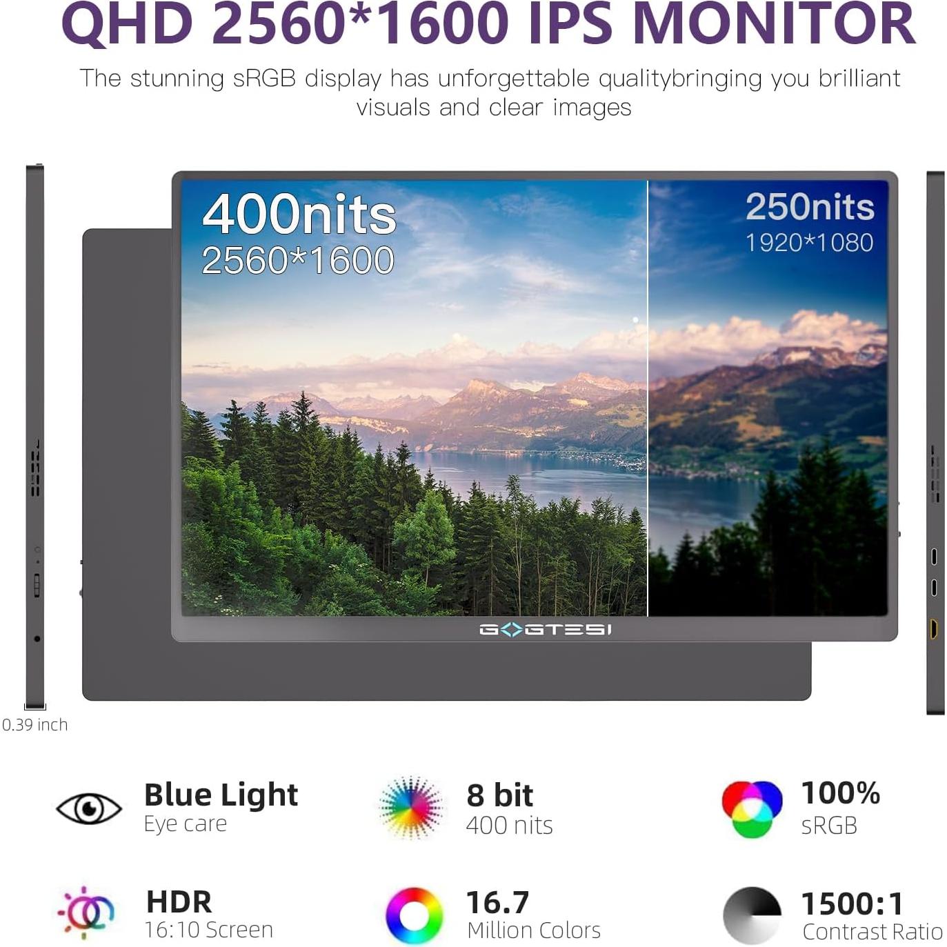 Monitor Portátil 16" Gogtesi 2.5K QHD 120Hz HDR 400nits