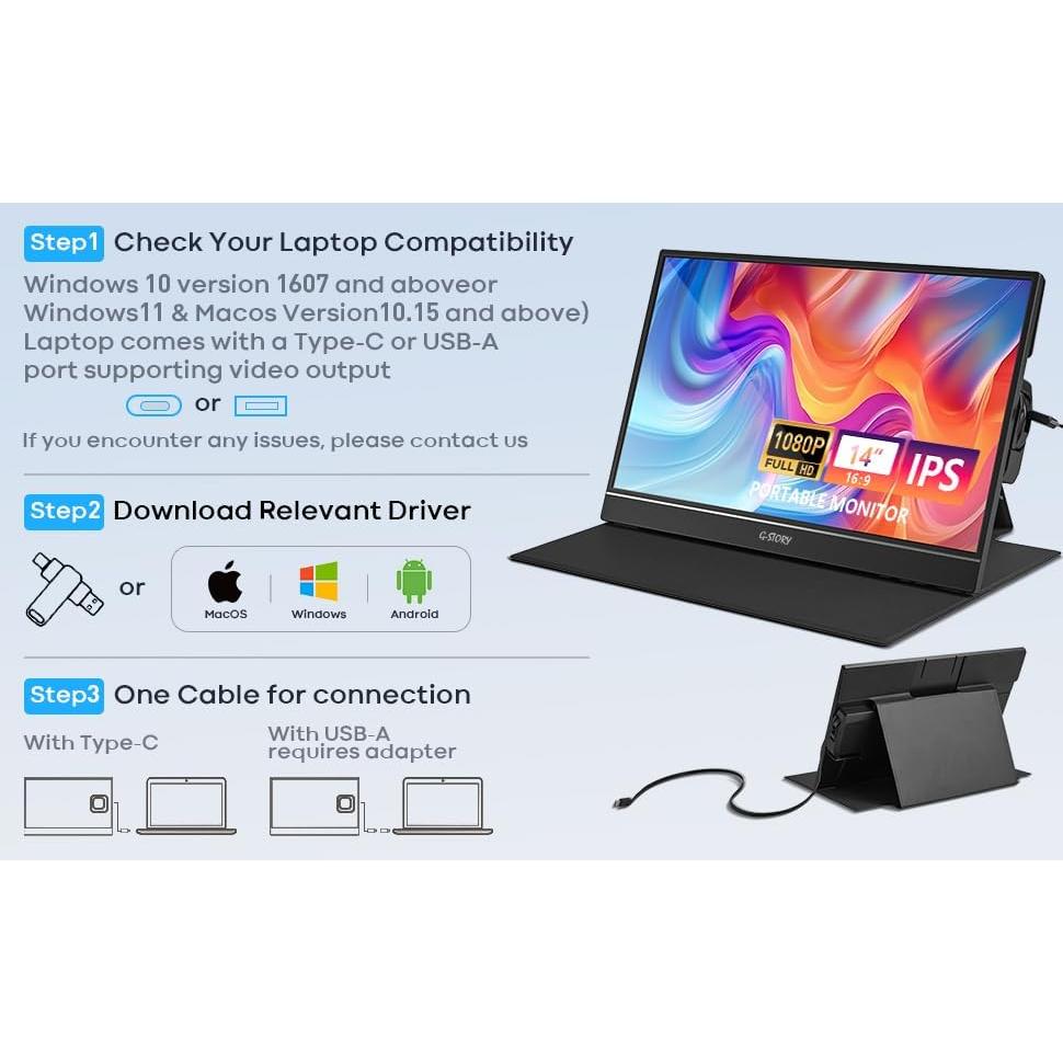 Monitor Portátil G-STORY 14" FHD 1080P IPS USB-C para Laptop