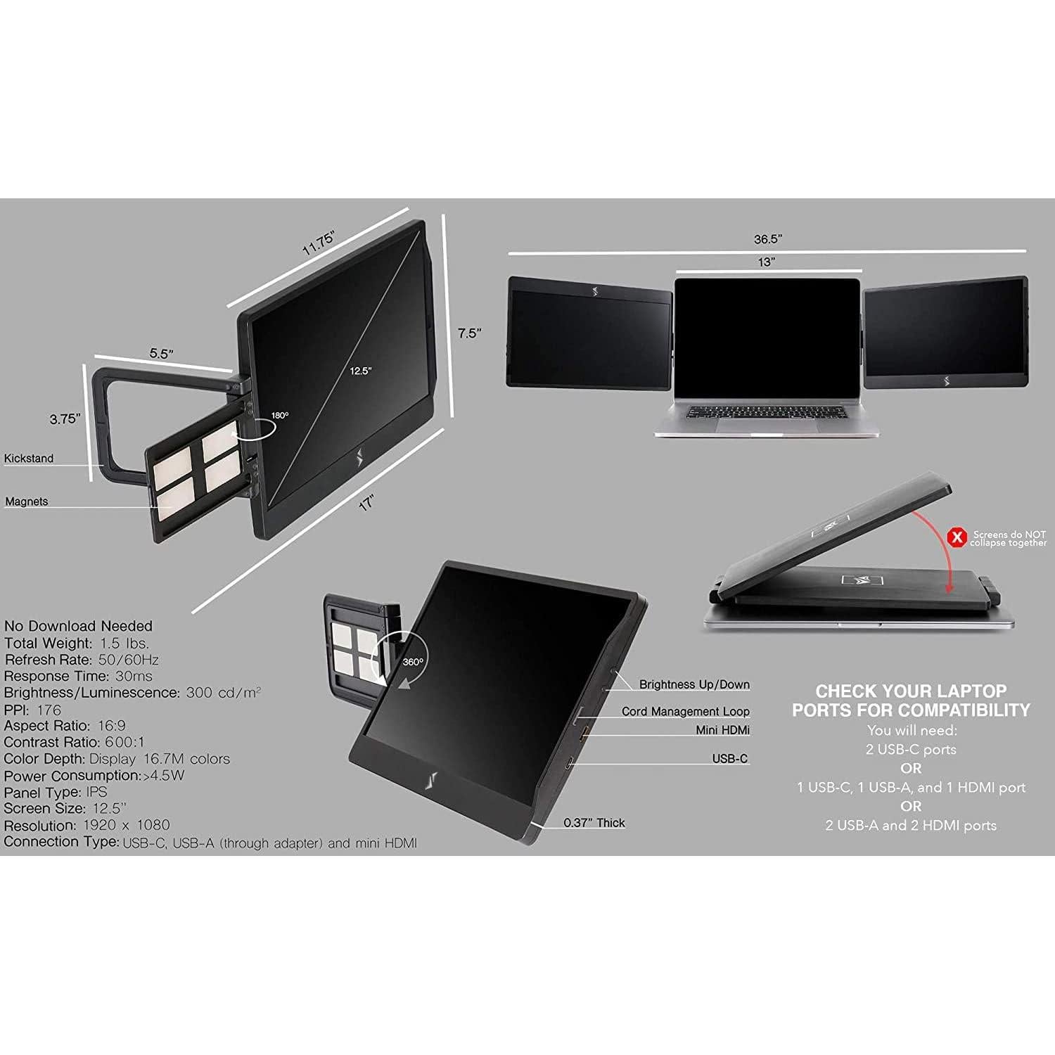 Monitor Portátil Triple 12.5" Swivel SideTrak - FHD, USB-C, HDMI