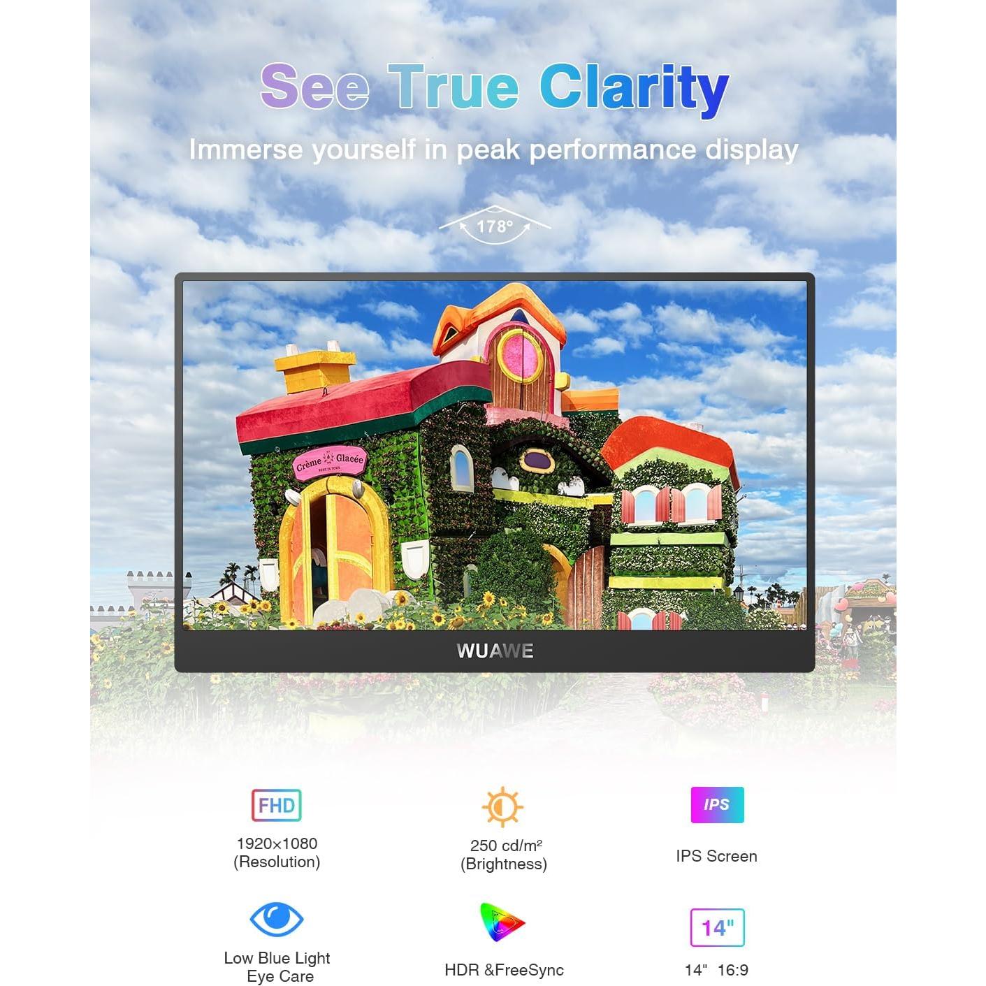 Monitor Portátil WUAWE 14" 1080P USB-C HDMI HDR Freesync