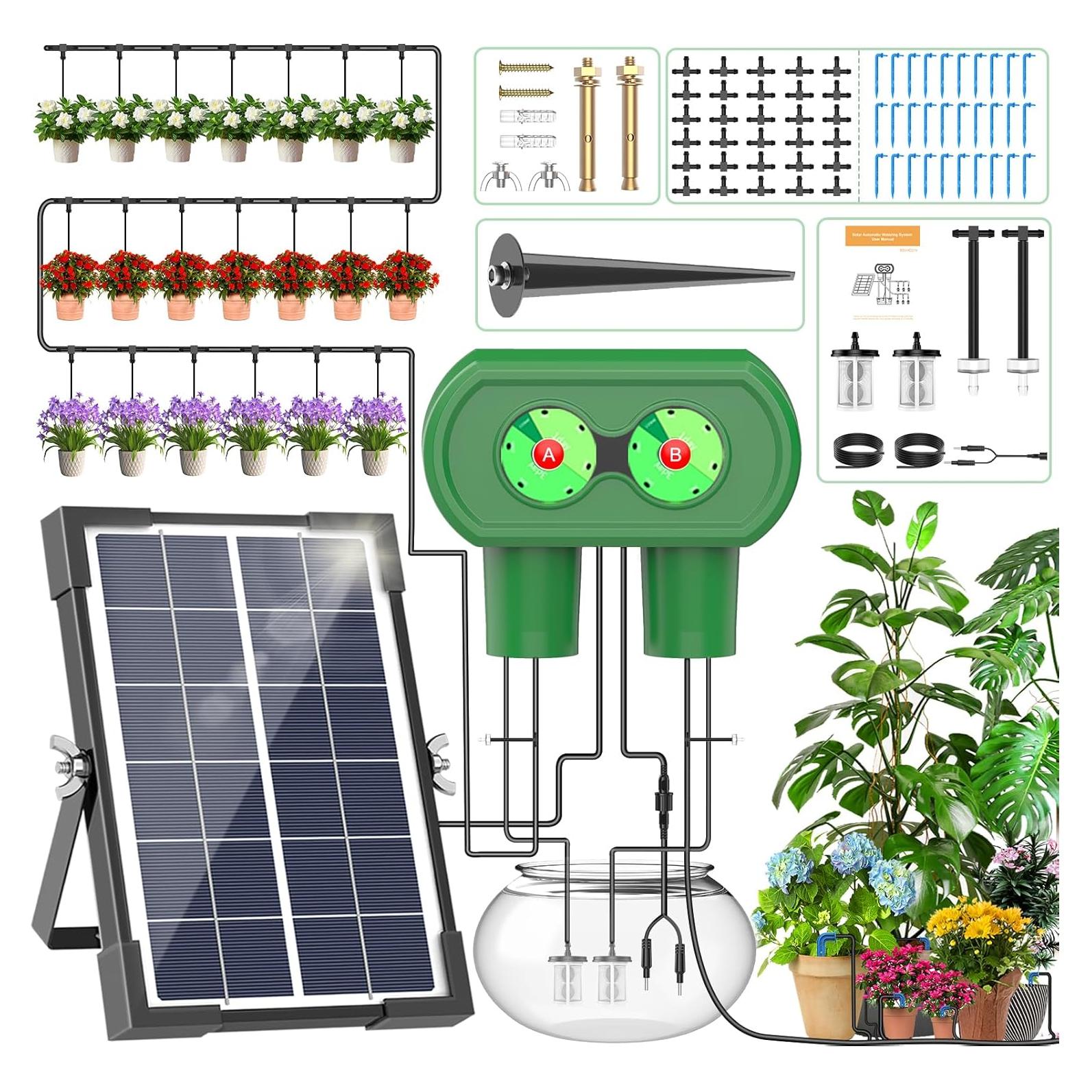 Solar Automatic Drip Irrigation Kit System,TRJZWA Solar Powered Easy DIY Watering Device Supported 30 Pots Plants,Split Dual Pump Drip Irrigation Kit Each with 6 Timing Modes with Water Level Sensor