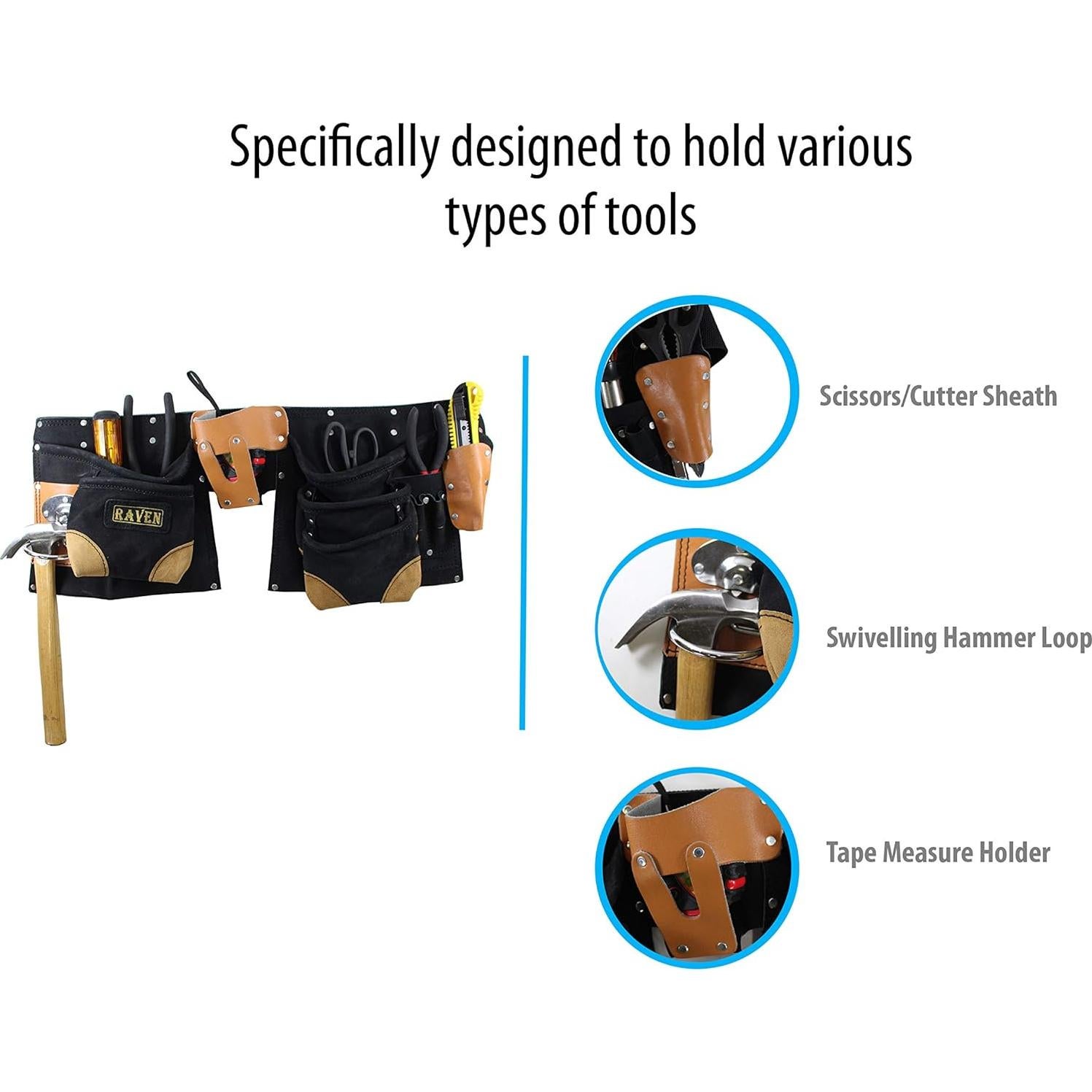 Cinturón de Herramientas RAVEN Negro 12 Bolsillos Cuero