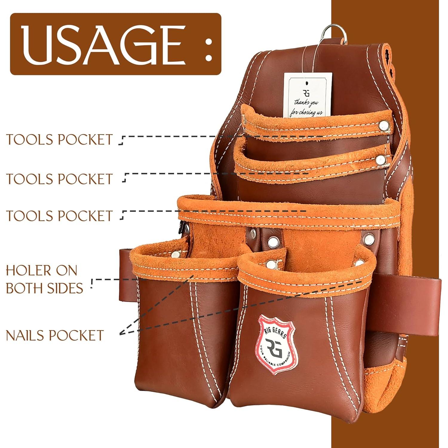 Bolsa de Herramientas de Cuero Rig Gears RG-3 Marrón 5 Bolsillos