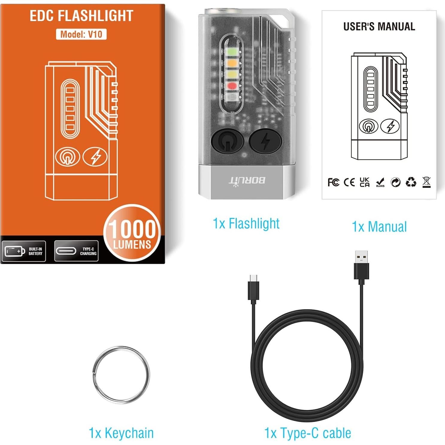 Linterna EDC BORUIT V10 Recargable USB C 1000 Lúmenes IPX4