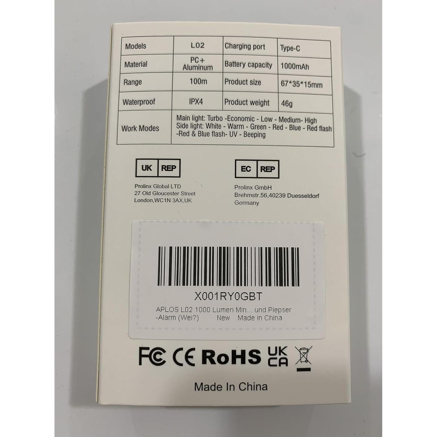 Linterna Mini EDC APLOS L02 1000 Lúmenes Recargable Blanca