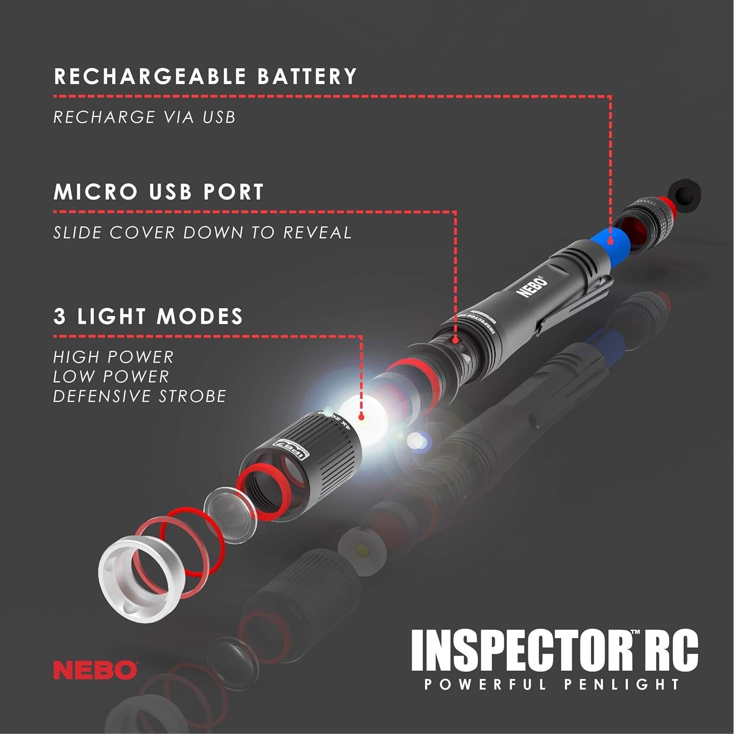 Linterna de Pluma NEBO INSPECTOR RC 360 Lúmenes Recargable