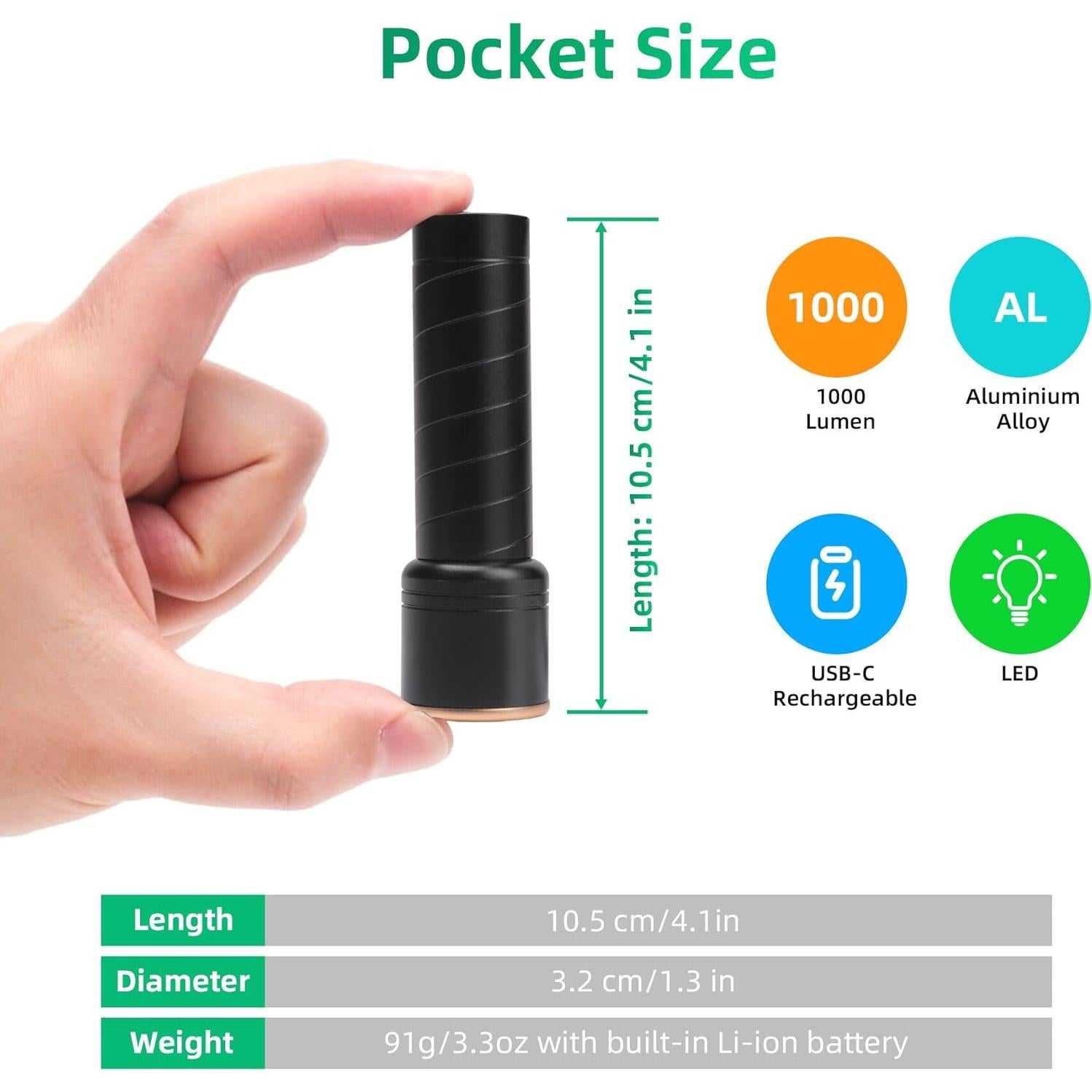Linternas Recargables USB-C SEVENKA 10.5cm 2 Piezas LED