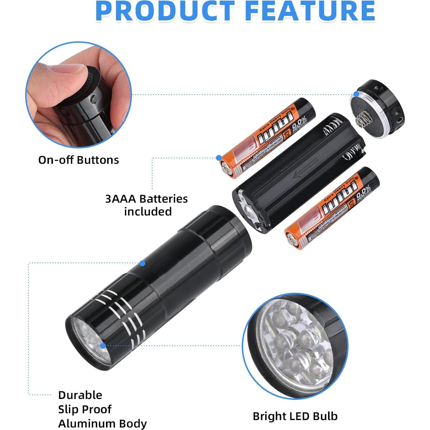 Paquete de 5 Linternas Mini YIKOSAM 9 LED Aluminio Colores Variados