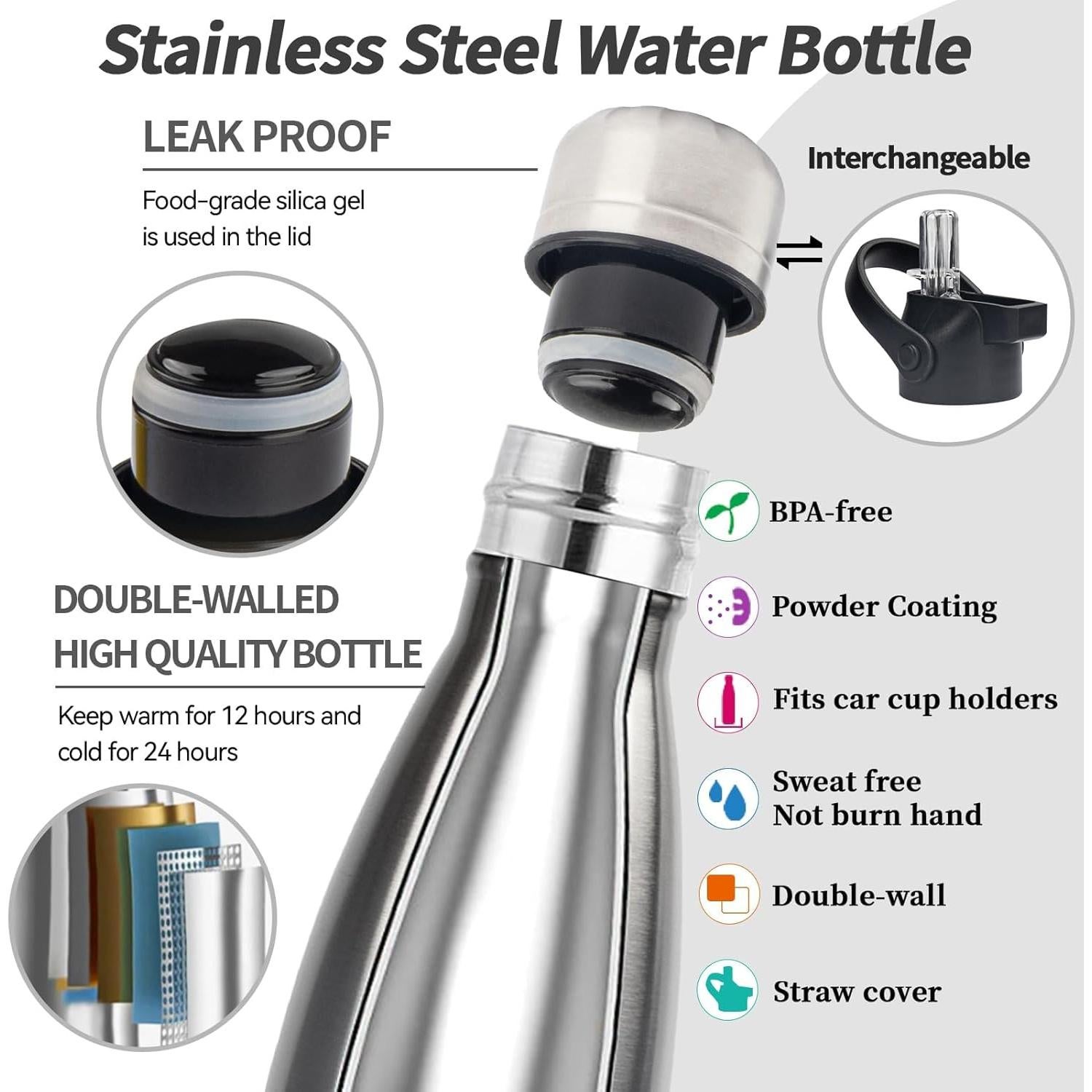 Botella de Agua Aislada YEBTS Life 500ml Acero Inoxidable 2 Pzas