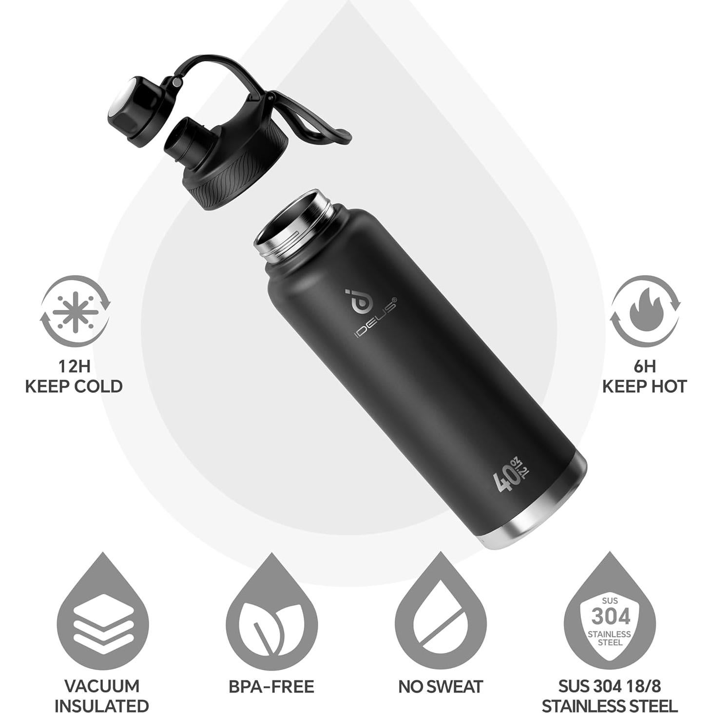 Botella de Agua Aislada IDEUS 40oz Acero Inoxidable Negro