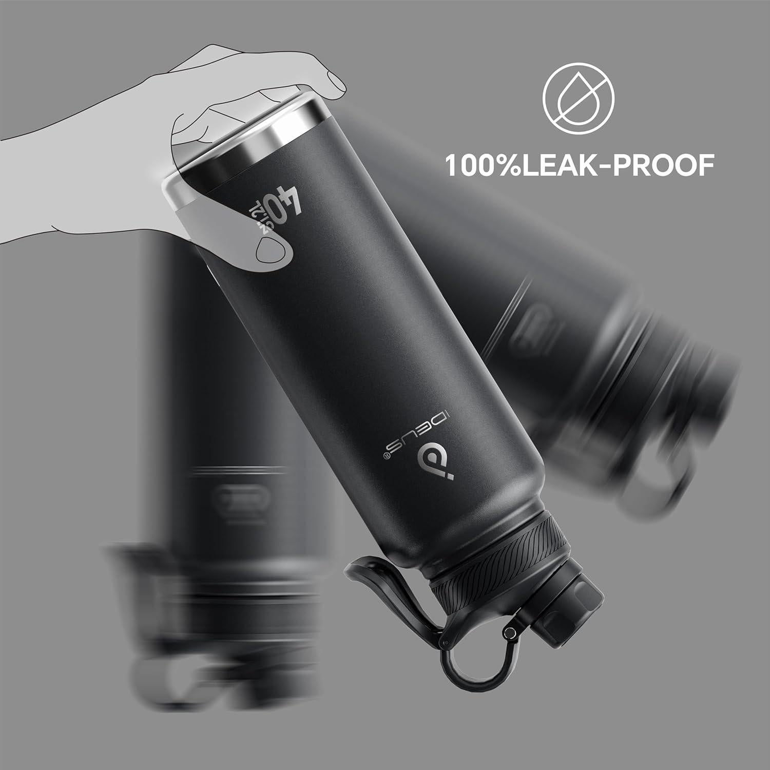 Botella de Agua Aislada IDEUS 40oz Acero Inoxidable Negro