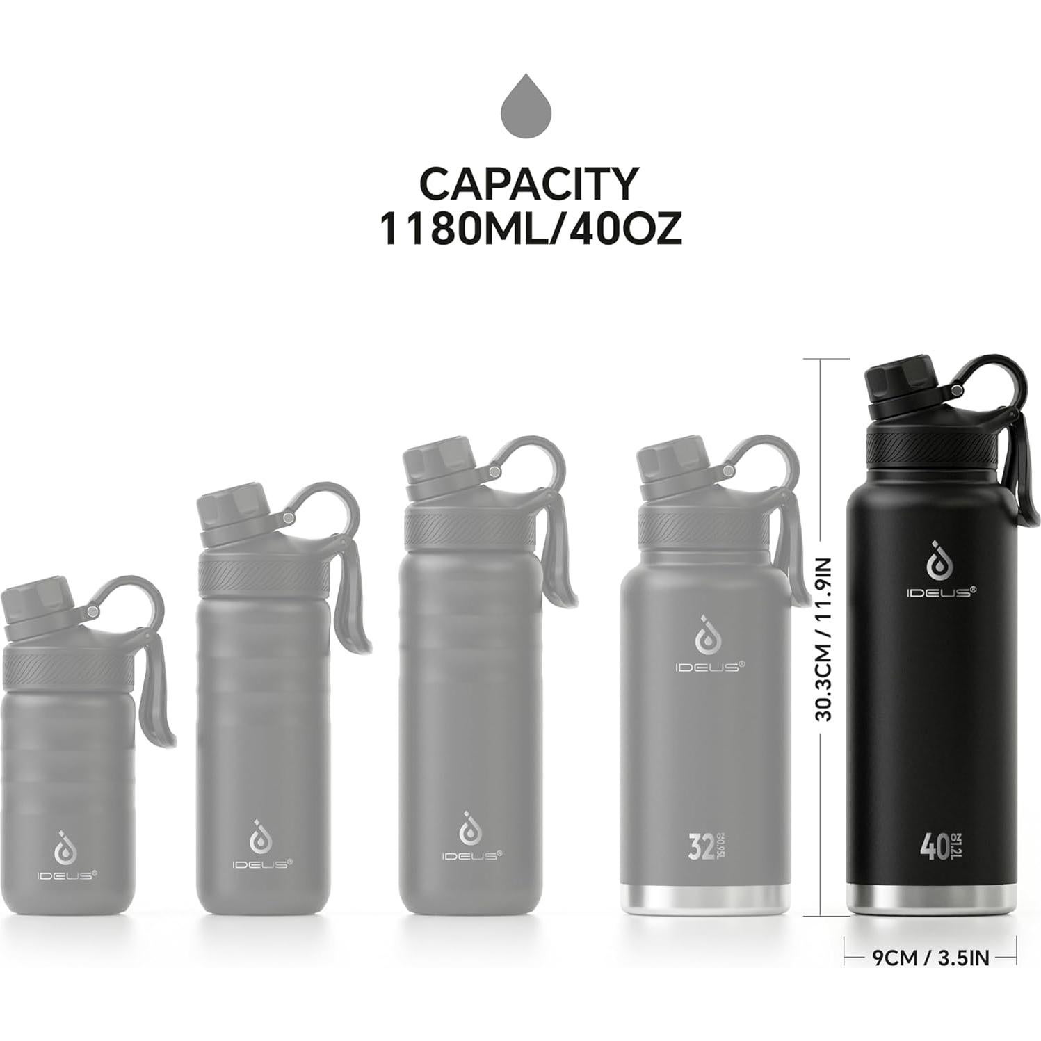 Botella de Agua Aislada IDEUS 40oz Acero Inoxidable Negro