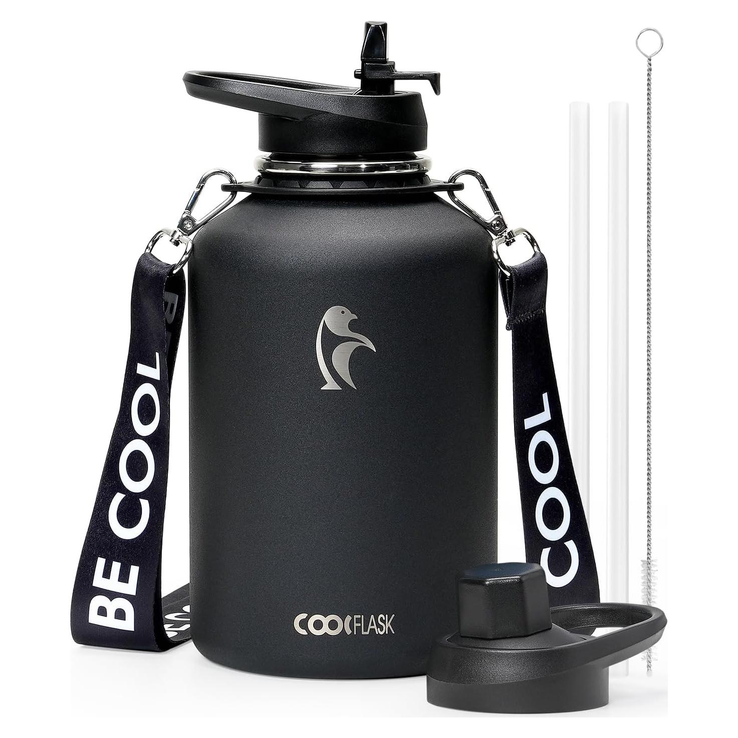 Botella de Agua Aislada Coolflask 1.81L Negra con Correa