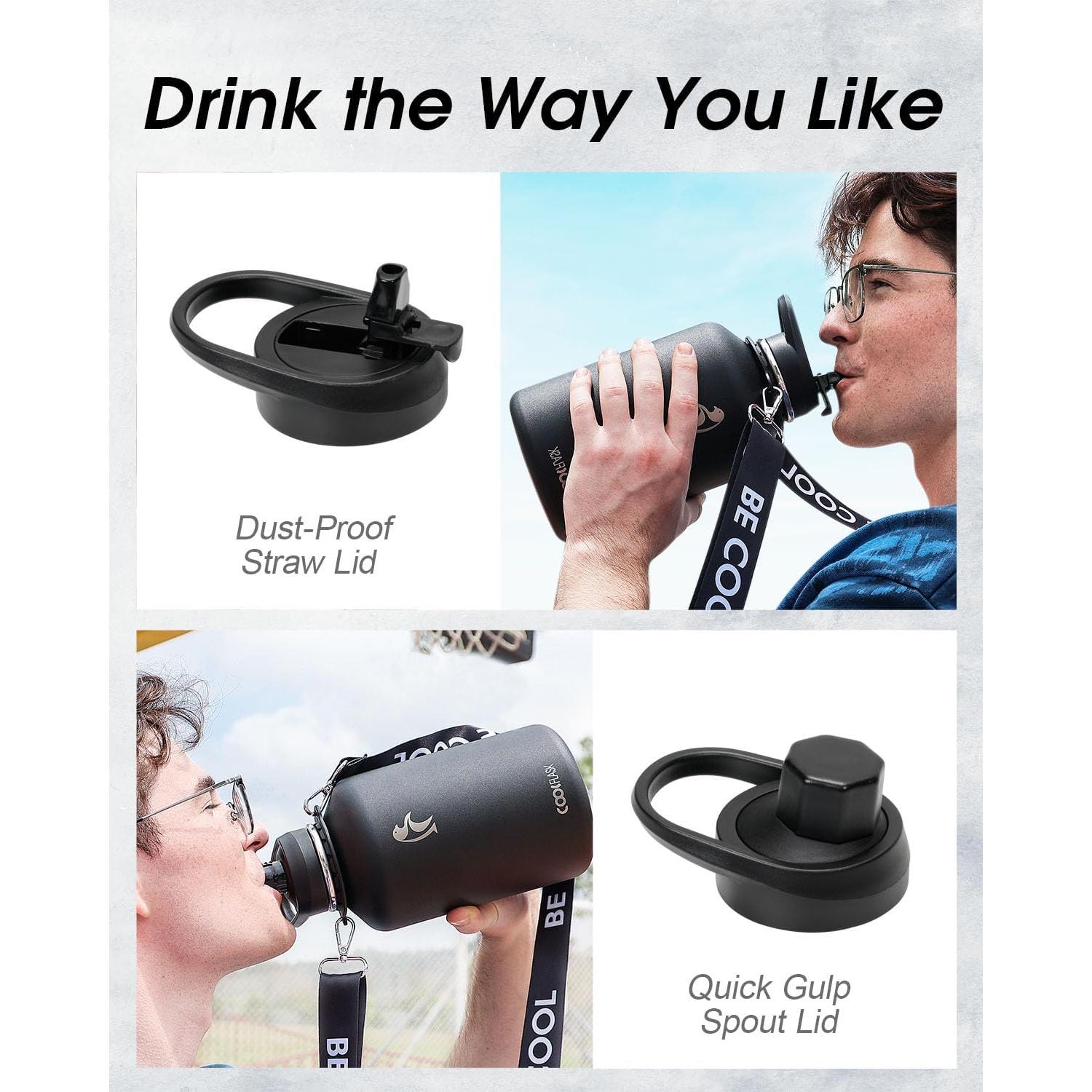 Botella de Agua Aislada Coolflask 1.81L Negra con Correa