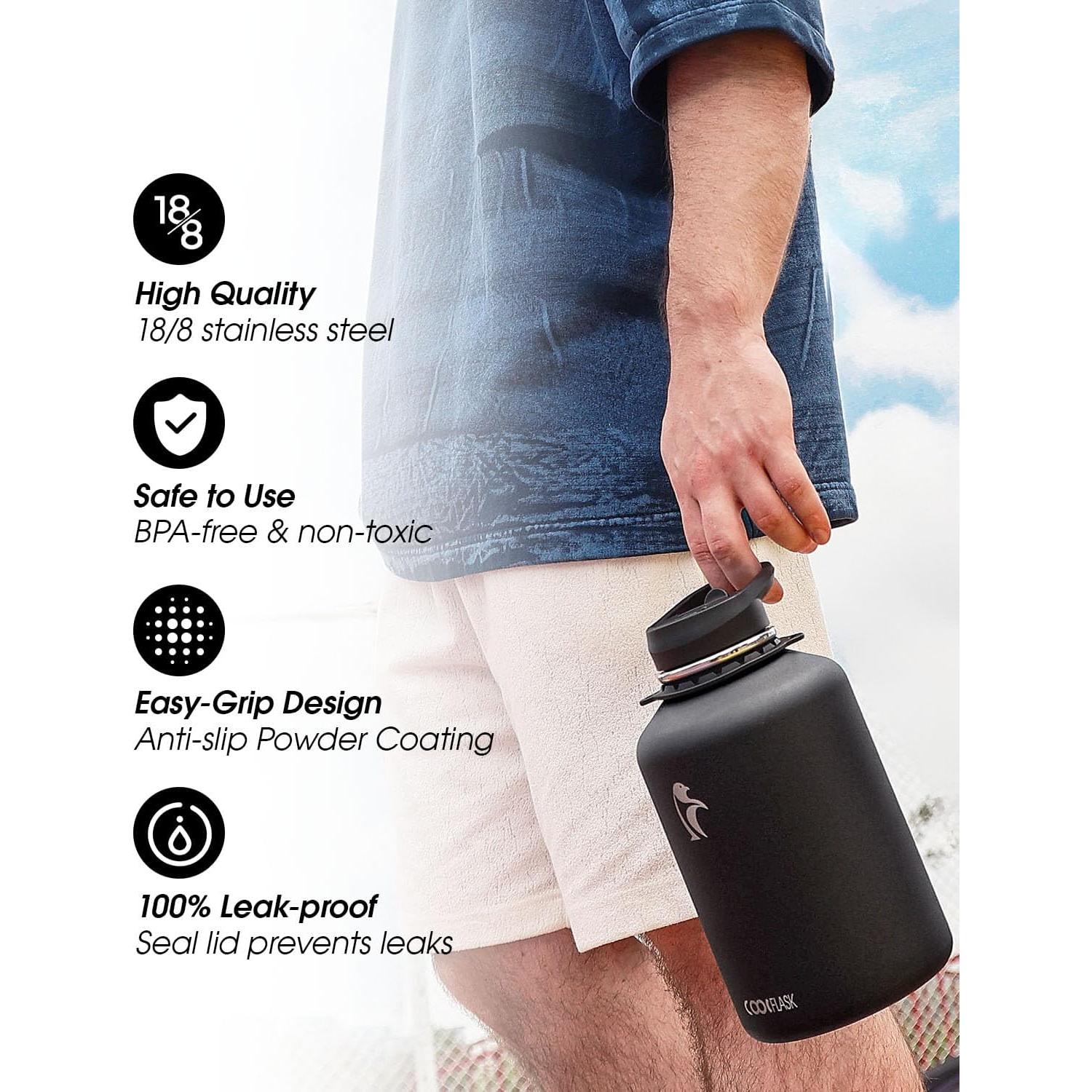 Botella de Agua Aislada Coolflask 1.81L Negra con Correa