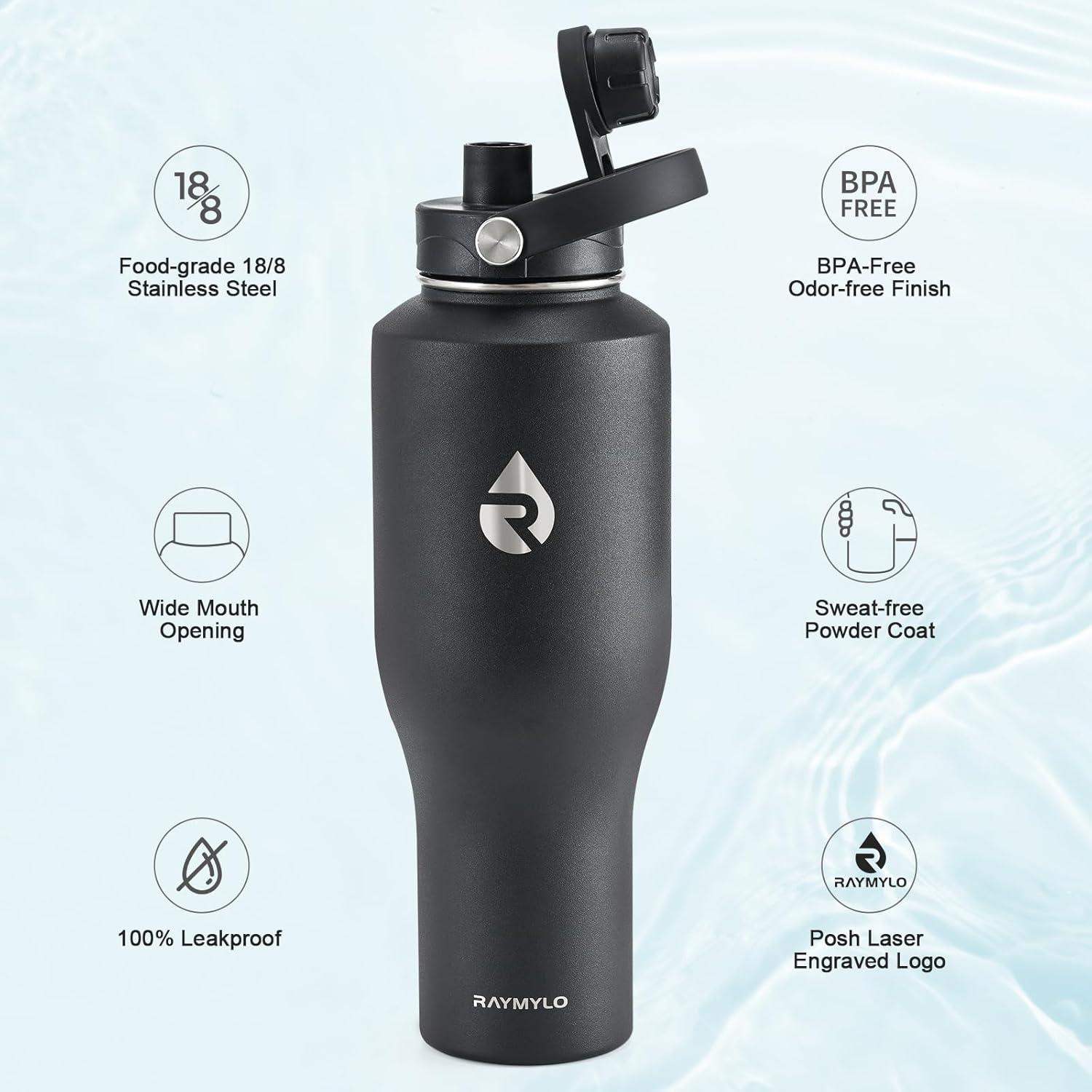 Botella de Agua Aislada RAYMYLO 40 oz Acero Inoxidable Negro