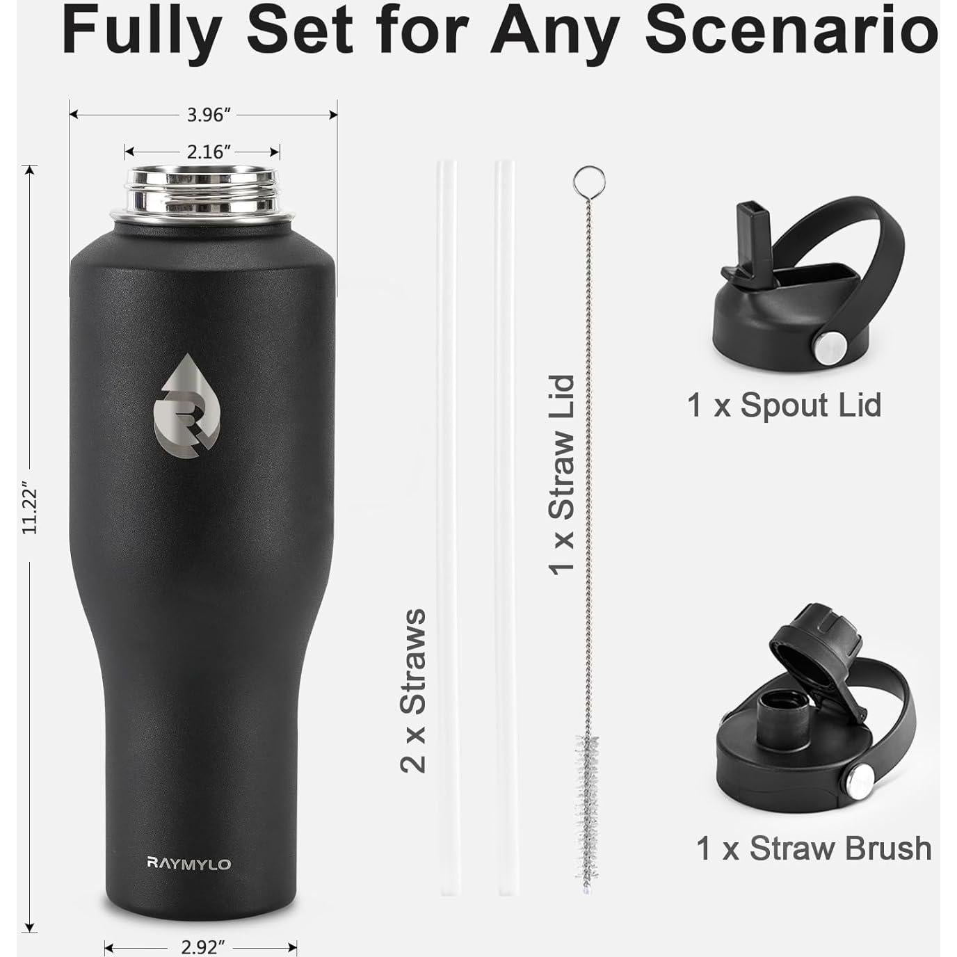 Botella de Agua Aislada RAYMYLO 40 oz Acero Inoxidable Negro