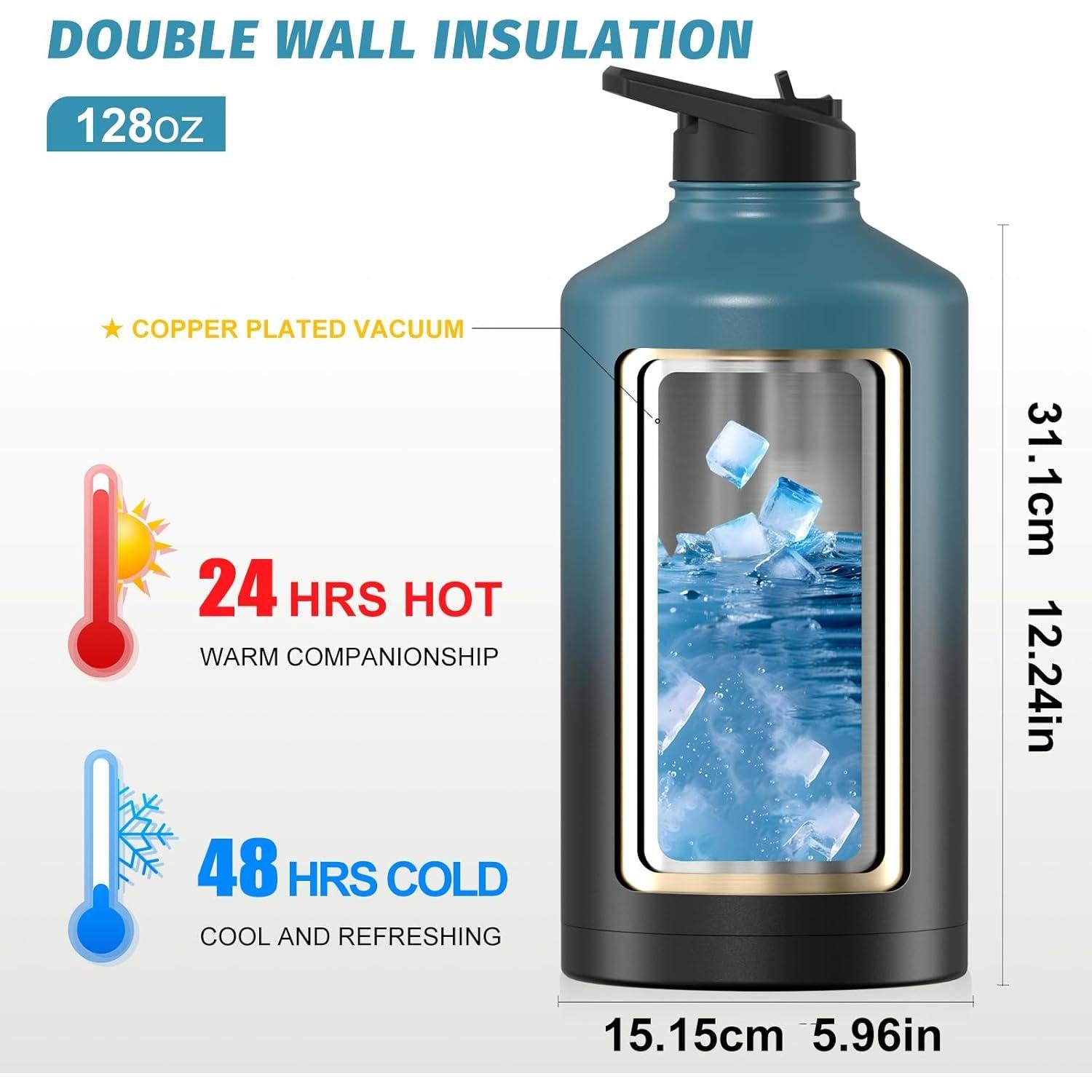 Botella de Agua Aislada WATERSY 128oz Acero Inoxidable Negro Azul