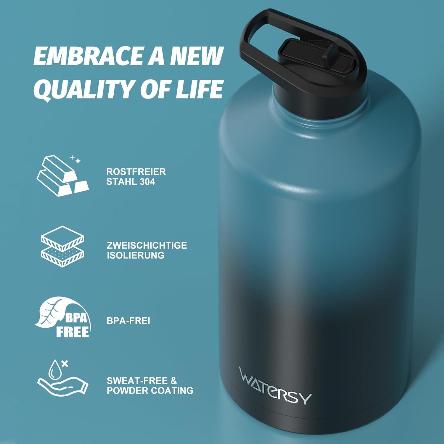 Botella de Agua Aislada WATERSY 128oz Acero Inoxidable Negro Azul
