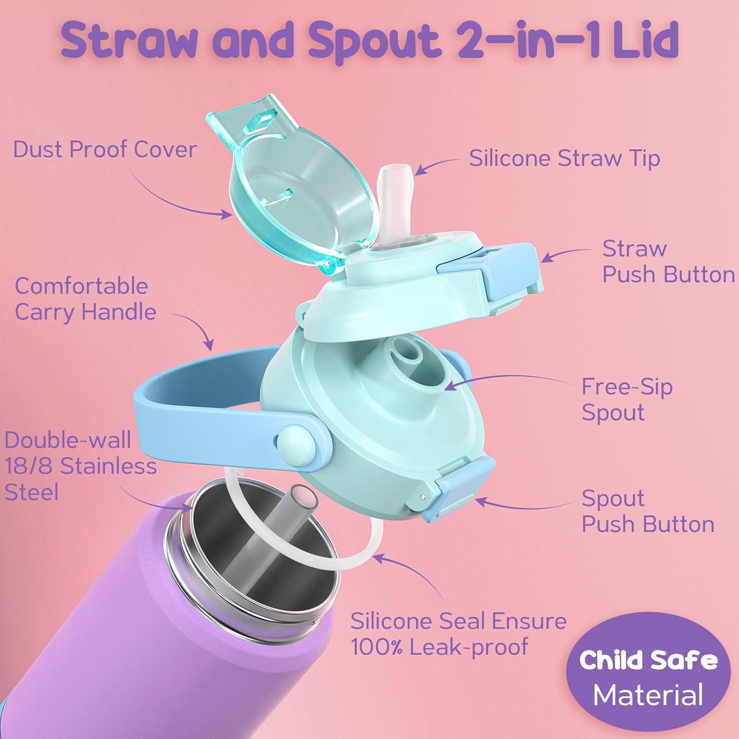 Botella de Agua Aislada Fimibuke 414ml Niños Popote 2-en-1