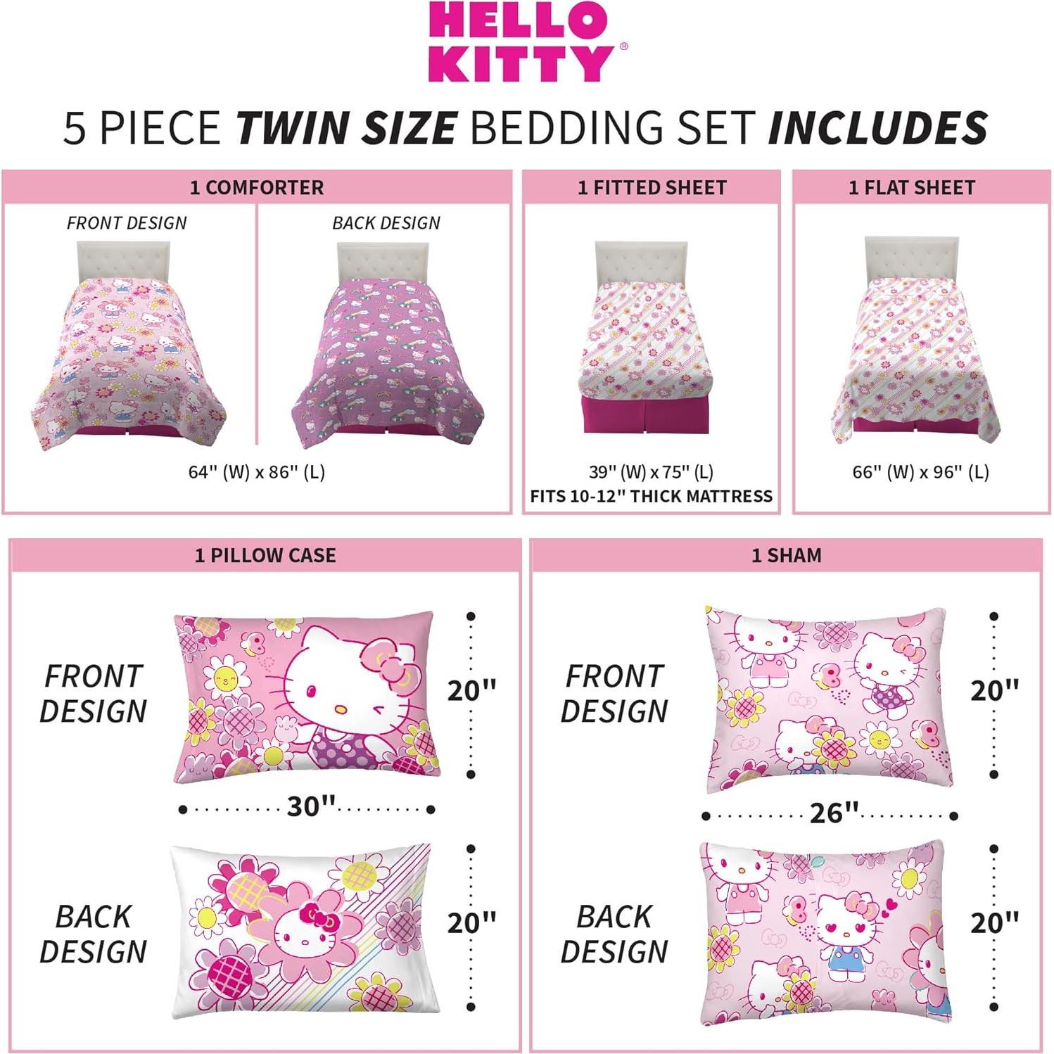 Juego de Ropa de Cama Franco Hello Kitty 5 Piezas Twin