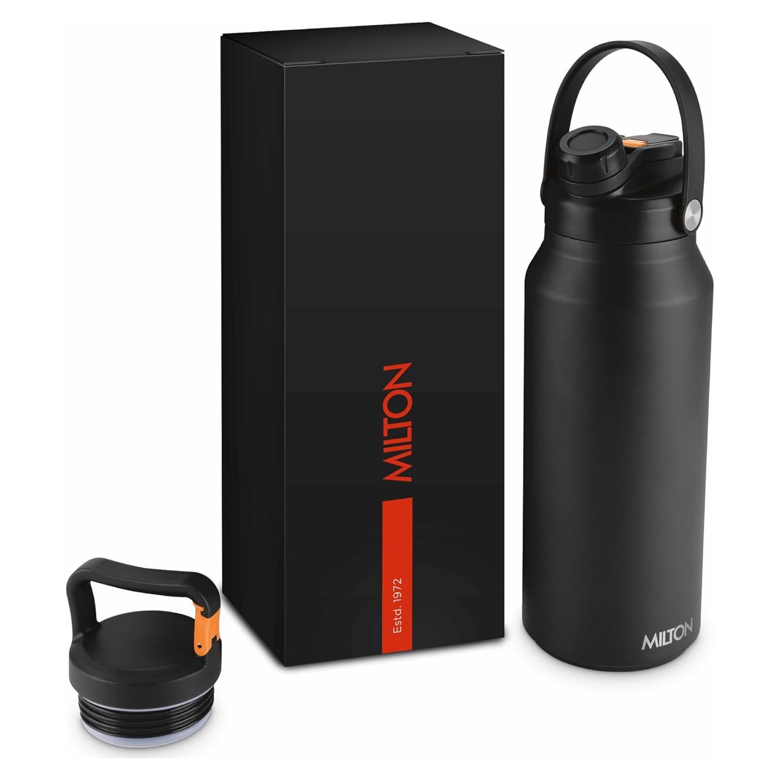 Botella de Agua de Acero Inoxidable Milton 1.18L Negra con 2 Tapas