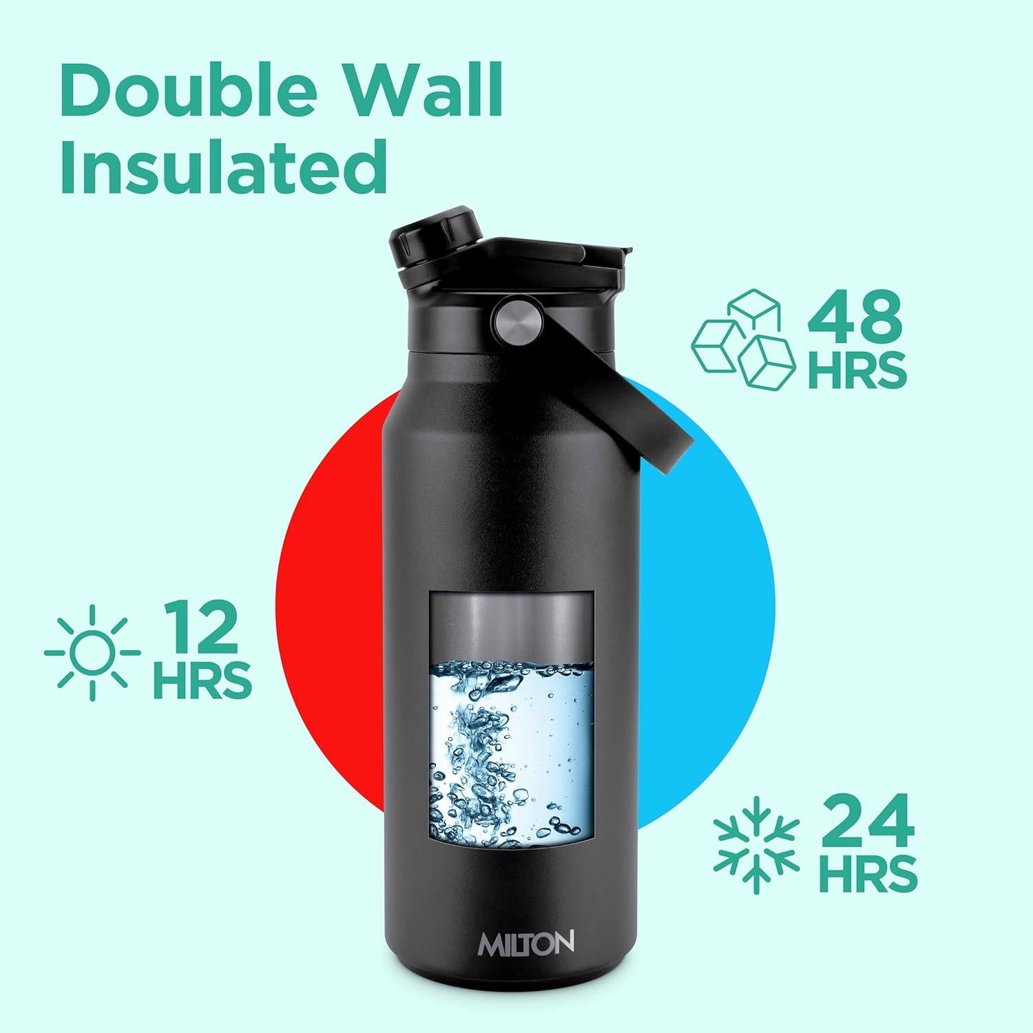 Botella de Agua de Acero Inoxidable Milton 1.18L Negra con 2 Tapas