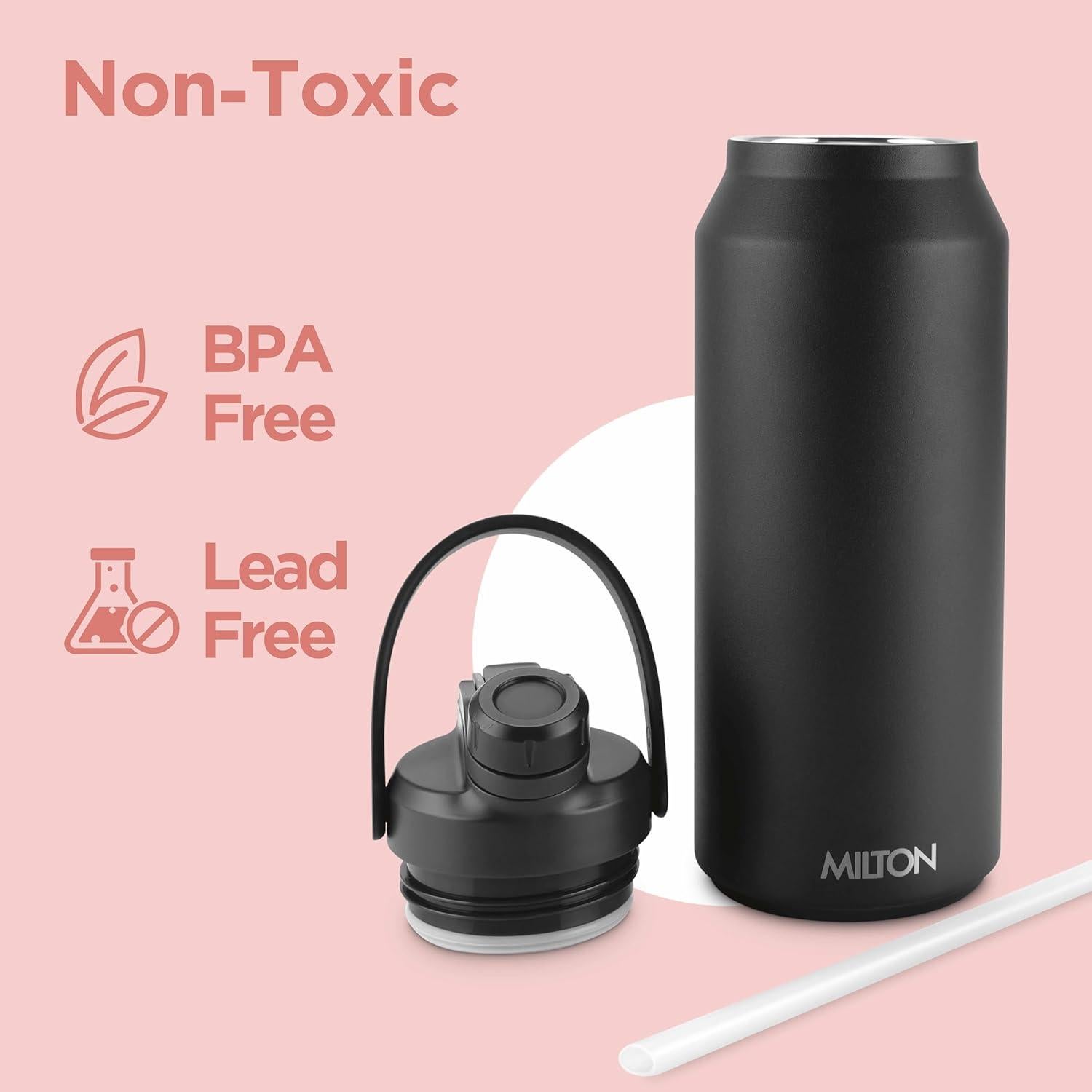 Botella de Agua de Acero Inoxidable Milton 1.18L Negra con 2 Tapas