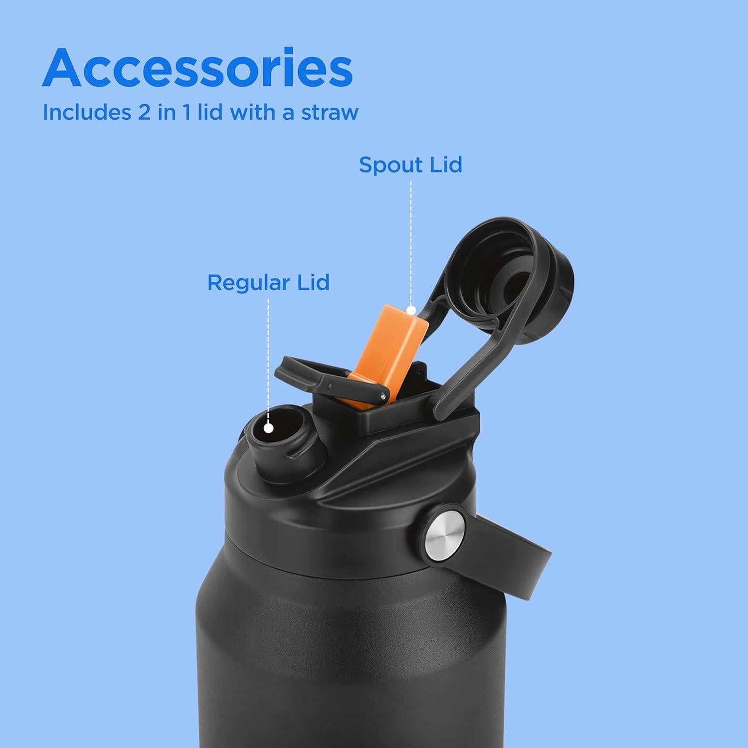 Botella de Agua de Acero Inoxidable Milton 1.18L Negra con 2 Tapas