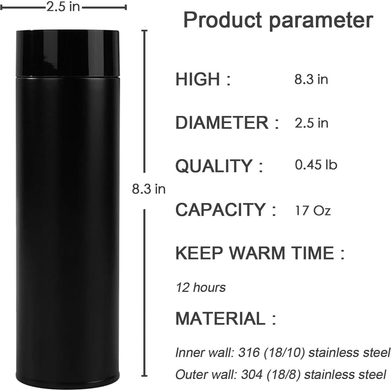 Botella de Agua 500 ml Acero Inoxidable Aislada a Prueba de Fugas - Negro