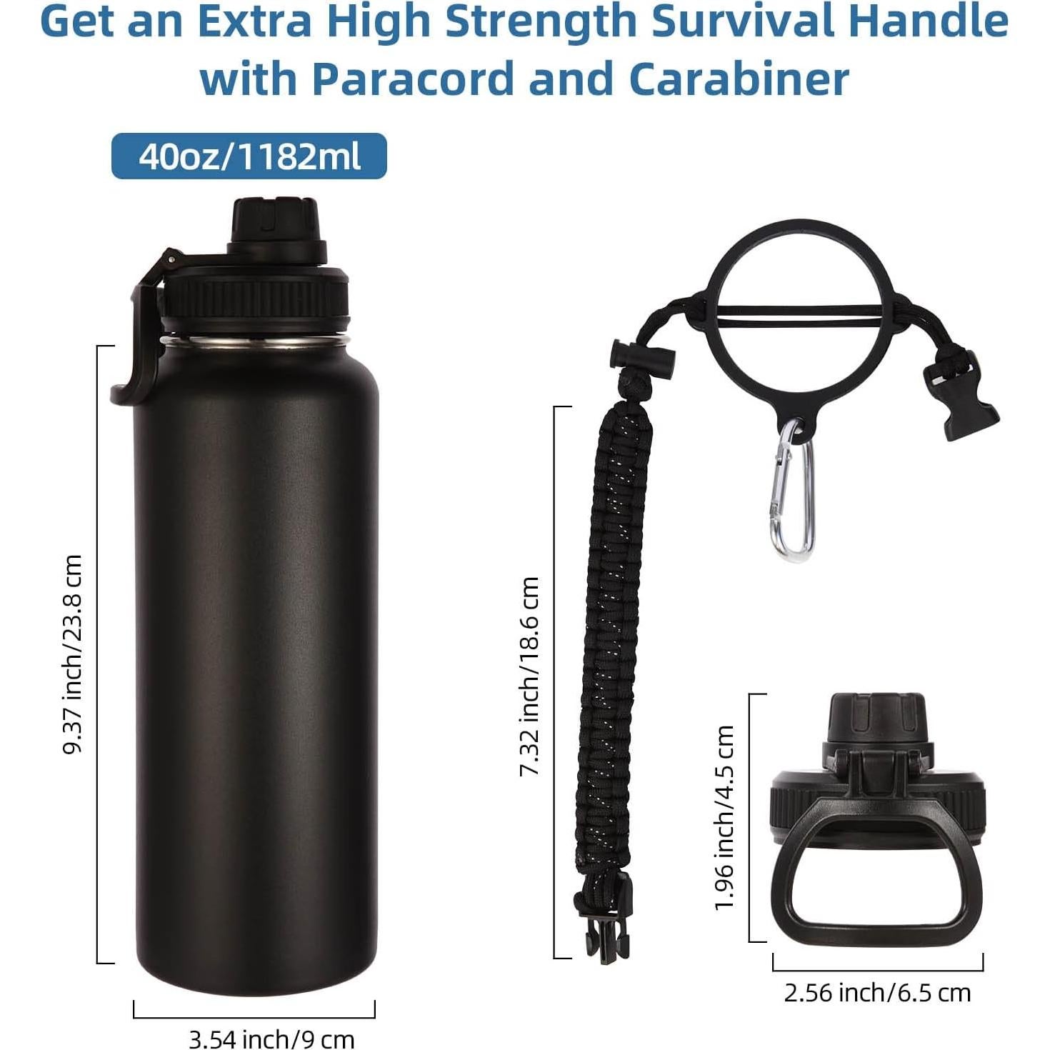 Botella de Agua Aislada Volhoply 1.13L con Mango Paracord Negro