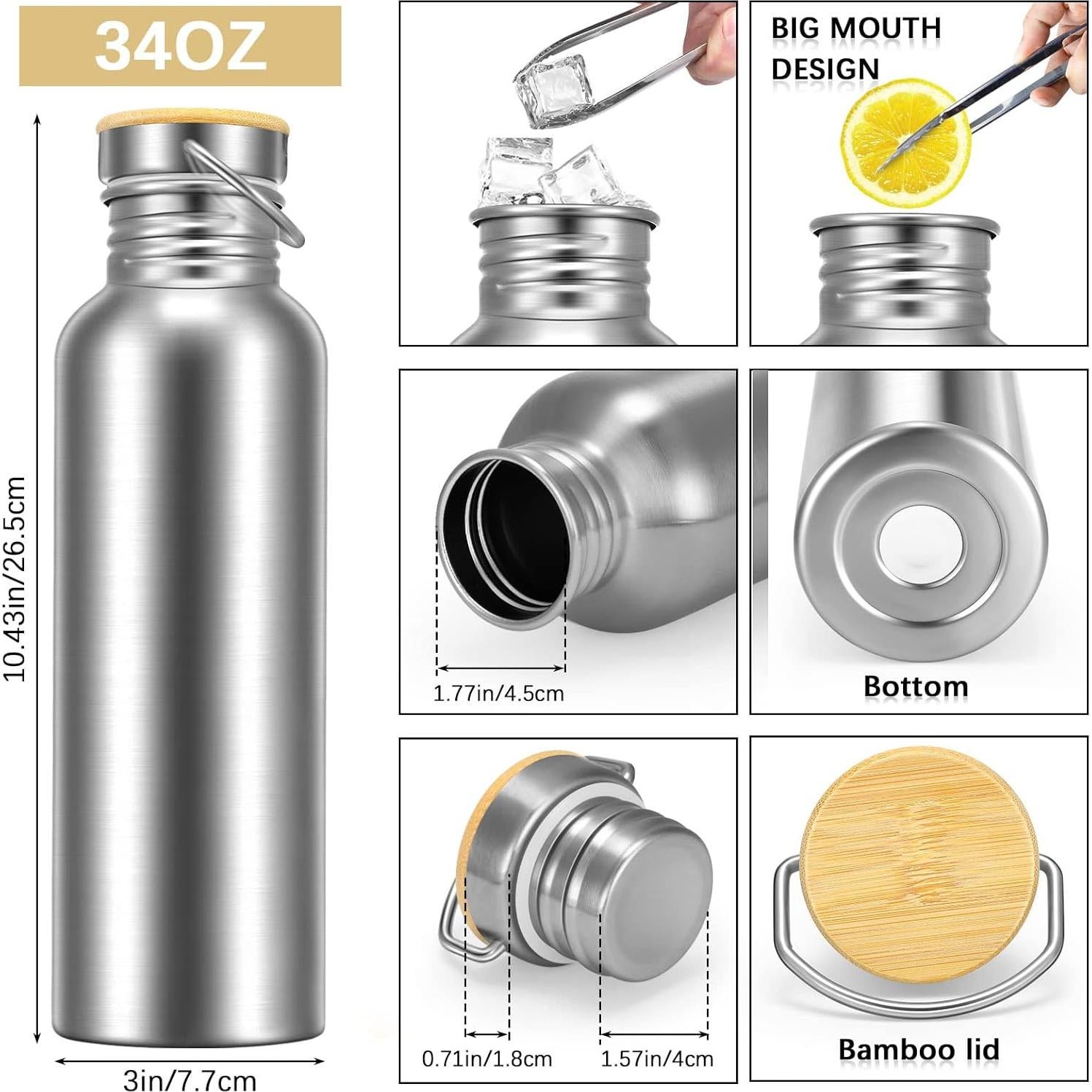 4 Botellas de Agua Acero Inoxidable CHENGU 1000 ml con Tapa de Bambú