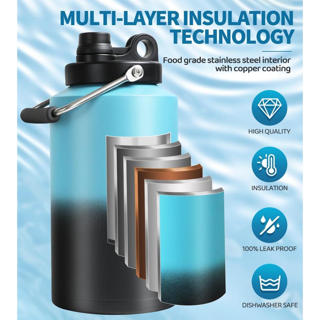 Botella de Agua Aislada GAGANIU 1 Galón Acero Inoxidable Azul