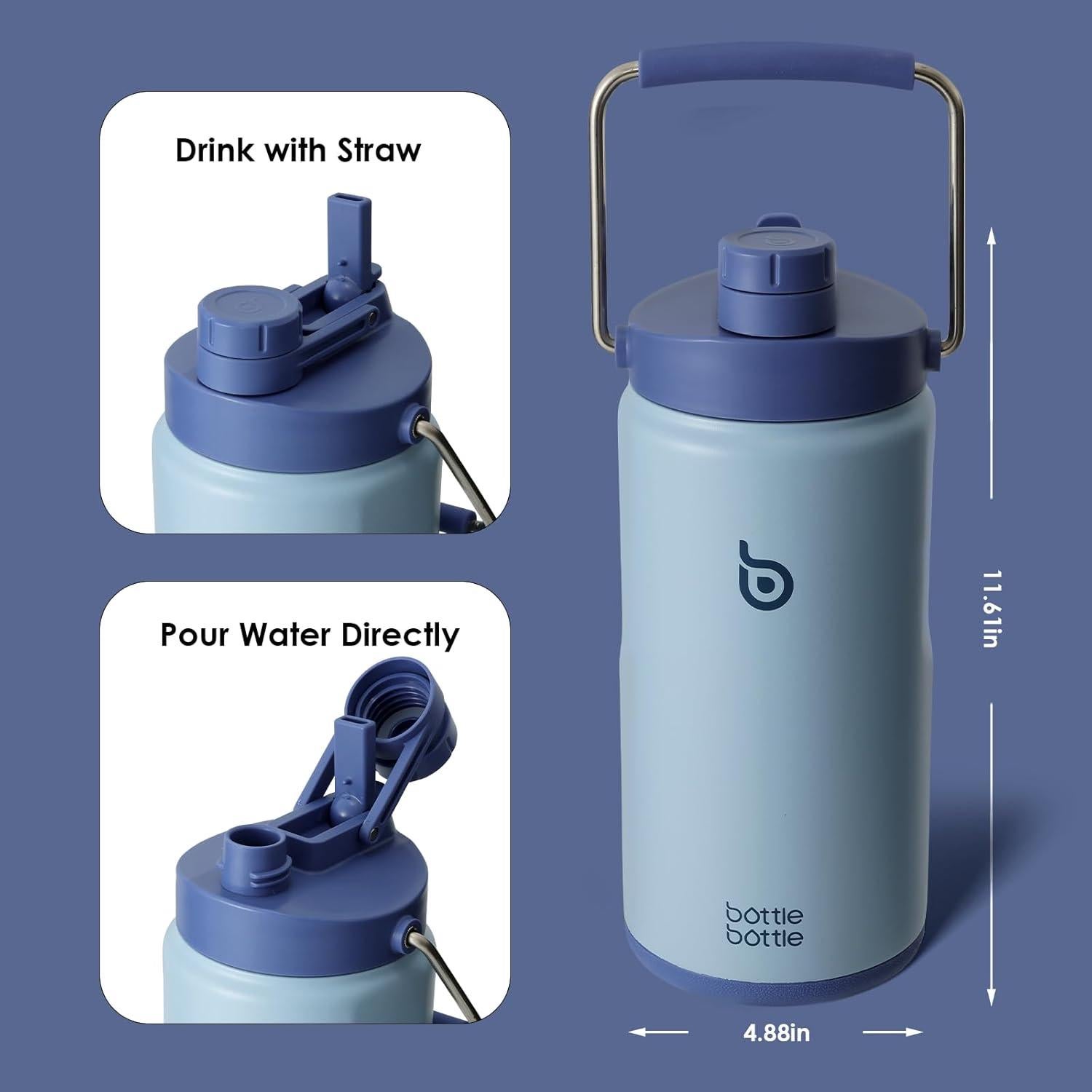 Botella de Agua Aislada 1L BOTELLA BOTELLA Azul con Pajilla