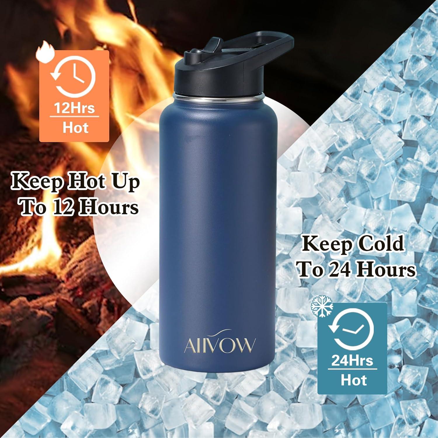 Botella de Agua Aislada Aiivow 946ml con Pajilla y Tapa