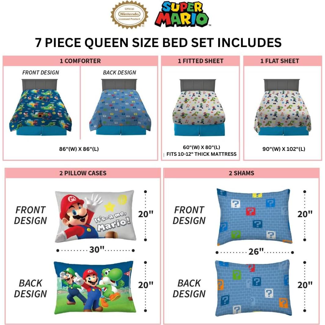 Juego de Ropa de Cama Franco Super Mario 7 Piezas Queen