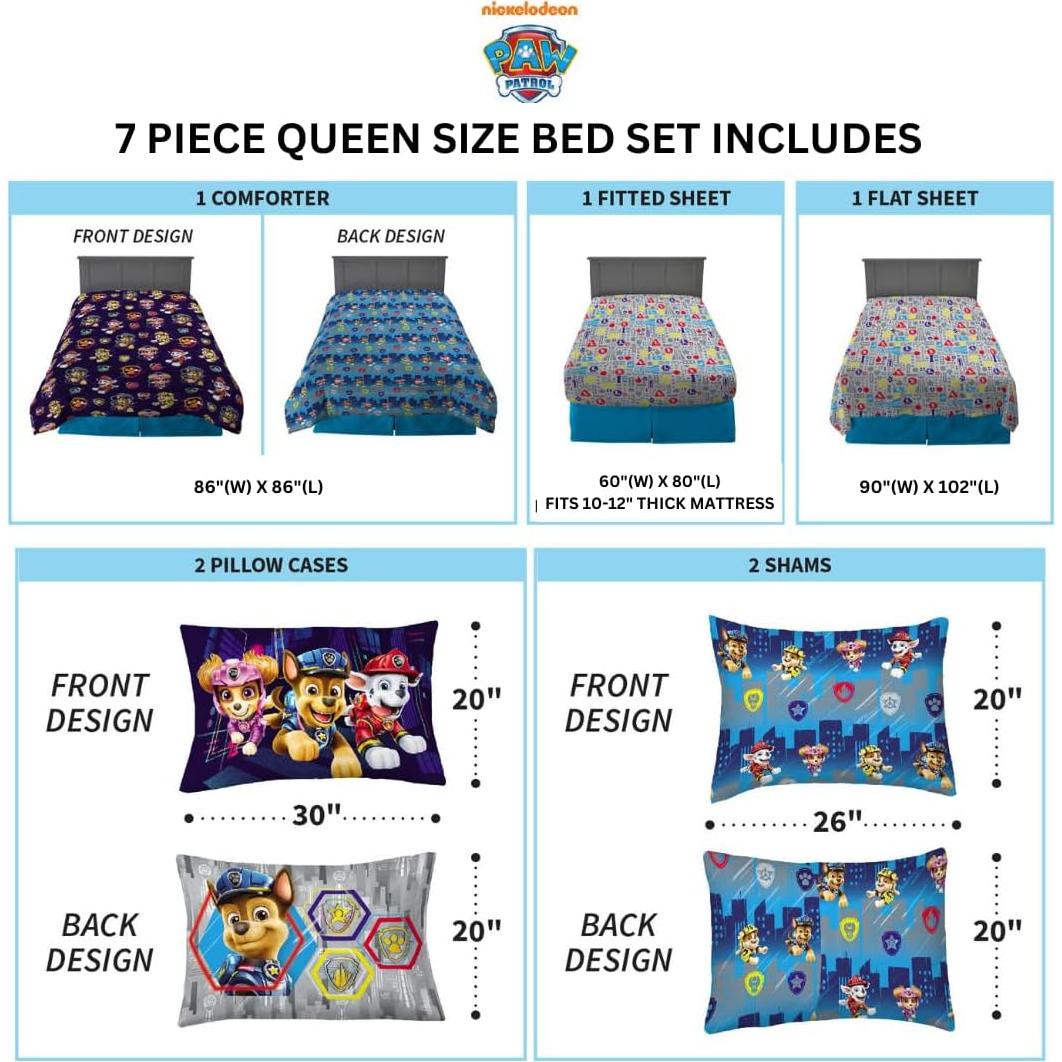 Juego de Ropa de Cama Paw Patrol Franco 7 Piezas Queen