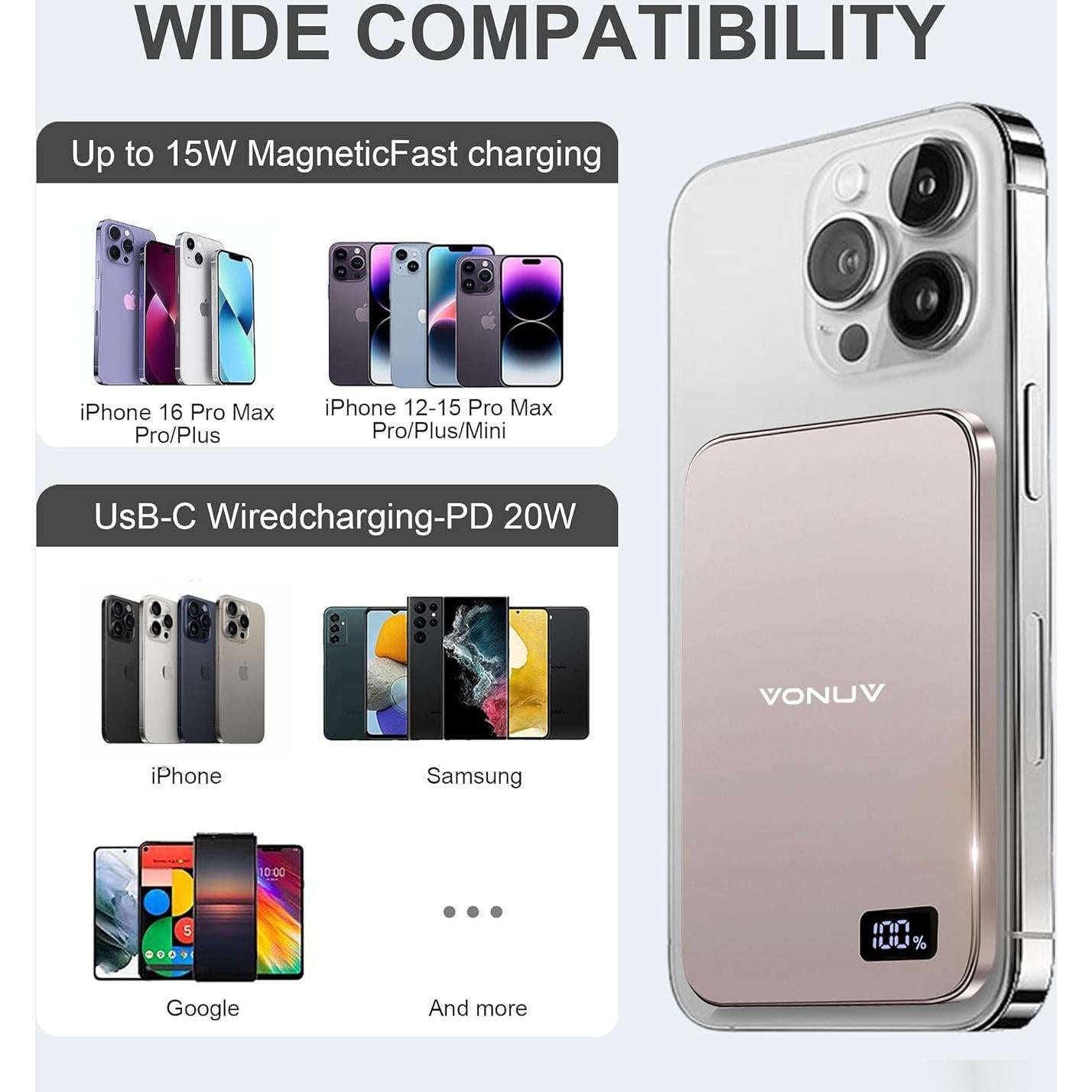 Cargador Portátil Inalámbrico Magnético VONUV 5000mAh Oro