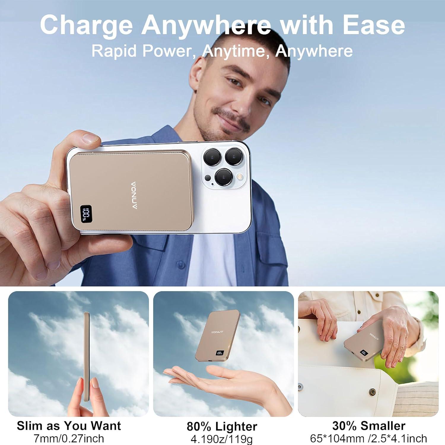 Cargador Portátil Inalámbrico Magnético VONUV 5000mAh Oro