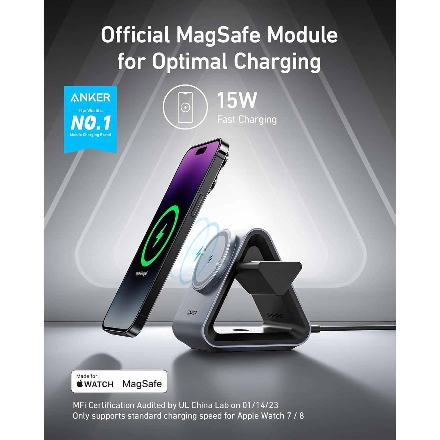 Soporte de Carga 3-en-1 Anker MagSafe 15W para iPhone y Apple Watch