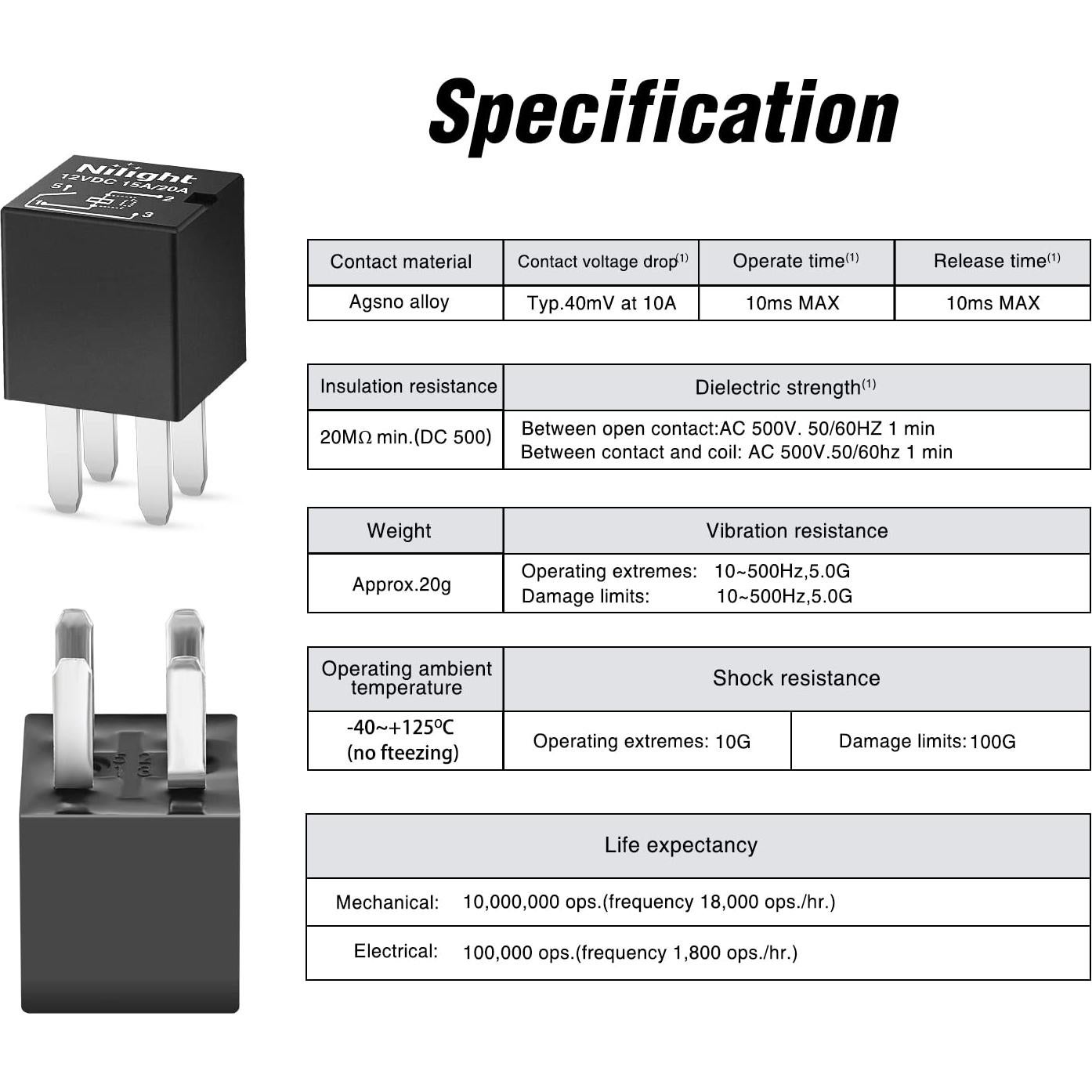 Relé Automotriz Nilight 4Pin SPNO 20A Sellado - 5PCS