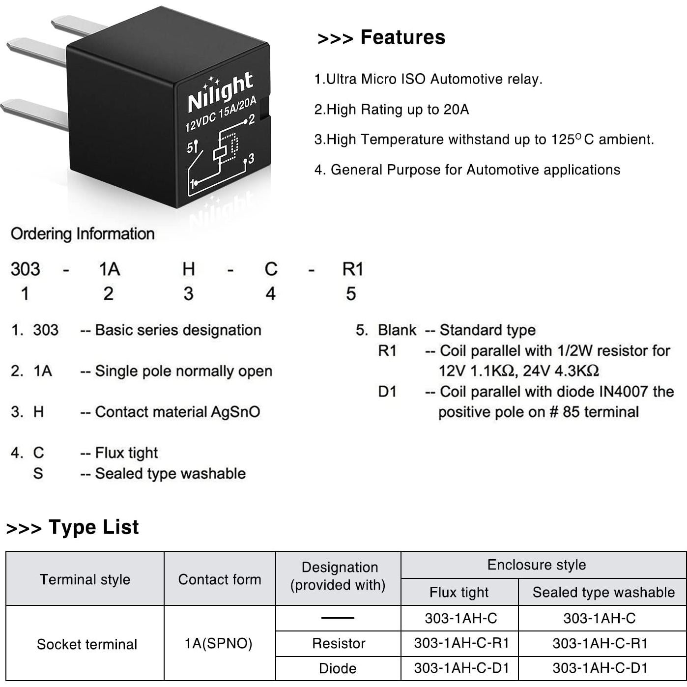 Relé Automotriz Nilight 4Pin SPNO 20A Sellado - 5PCS