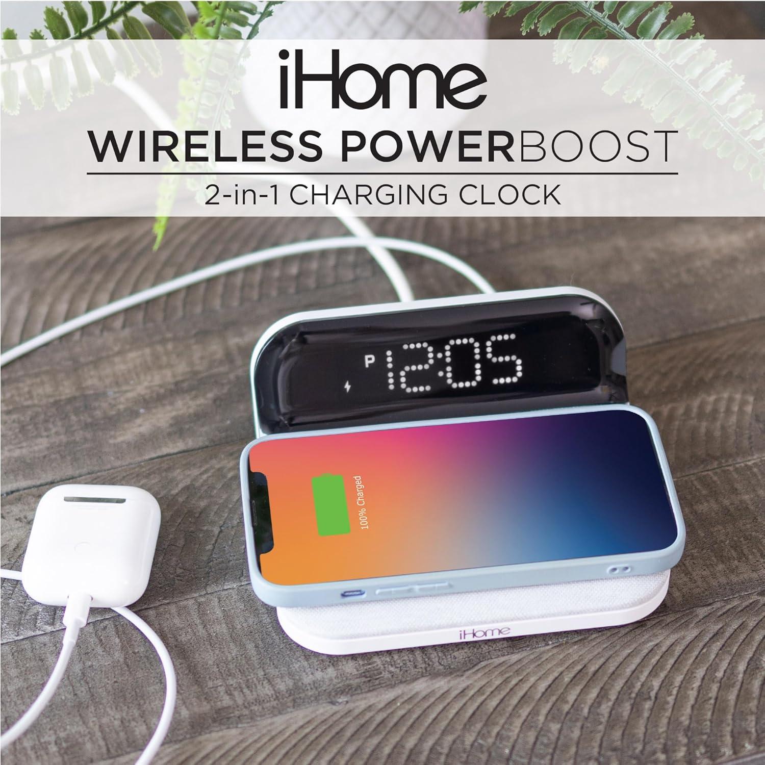 iHome iW18 Digital Alarm Clock, Dual Alarm Clock with USB Charger & QI Charging, Alarm Clocks for Bedrooms, Adjustable Brightness Dimmer (White)