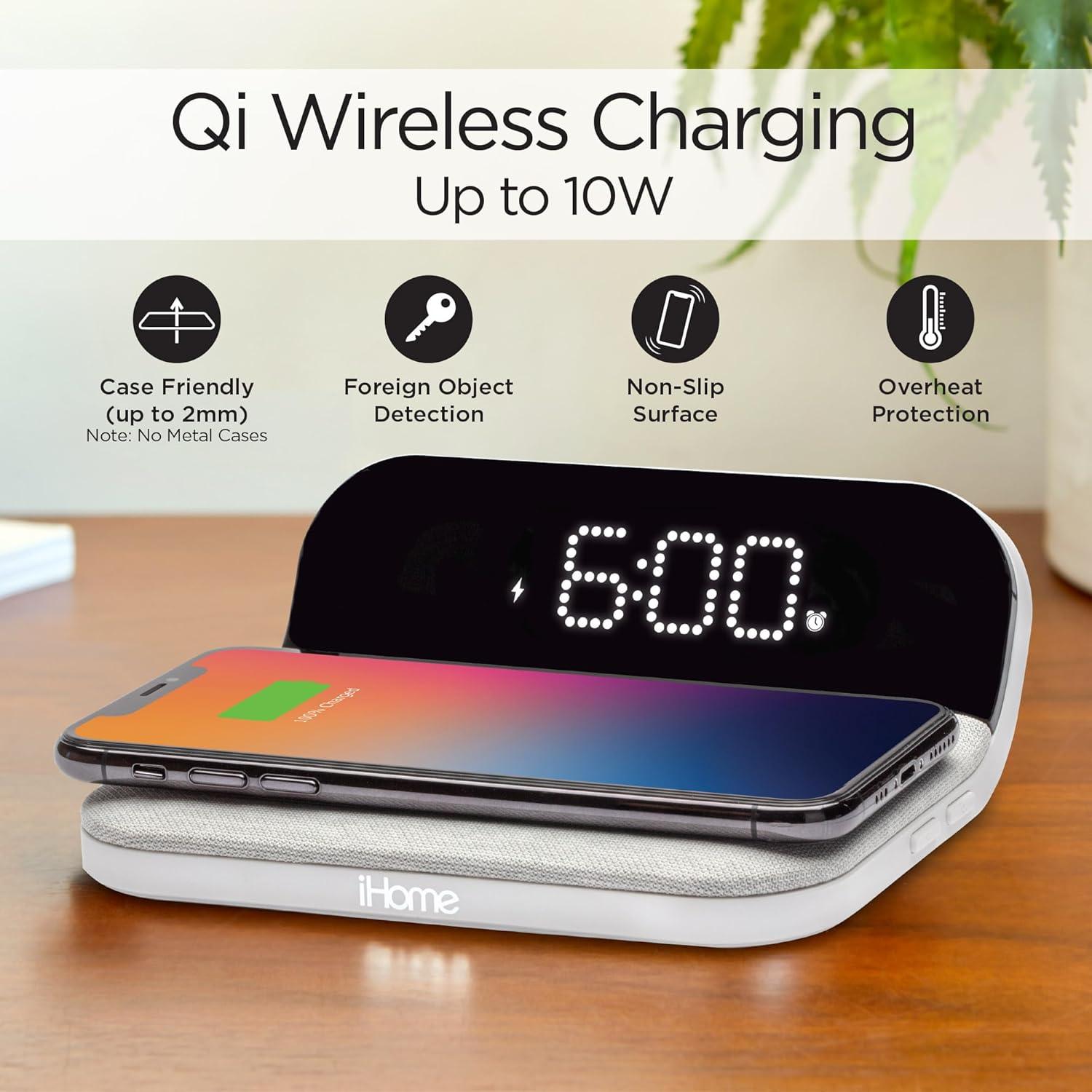 iHome iW18 Digital Alarm Clock, Dual Alarm Clock with USB Charger & QI Charging, Alarm Clocks for Bedrooms, Adjustable Brightness Dimmer (White)