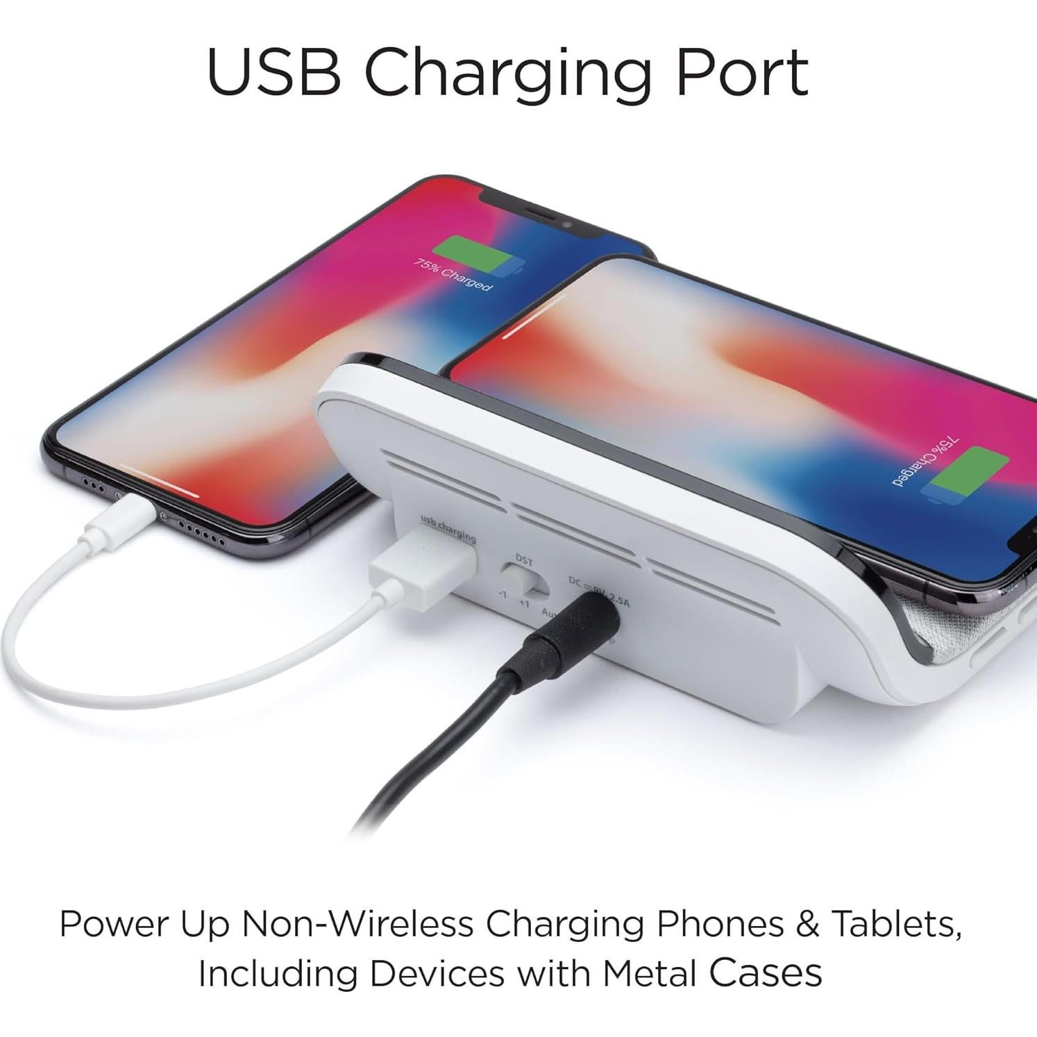 iHome iW18 Digital Alarm Clock, Dual Alarm Clock with USB Charger & QI Charging, Alarm Clocks for Bedrooms, Adjustable Brightness Dimmer (White)