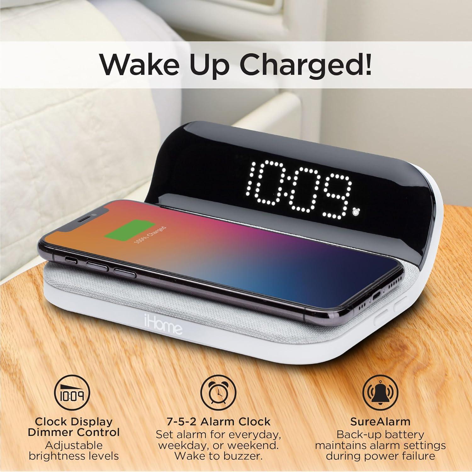 iHome iW18 Digital Alarm Clock, Dual Alarm Clock with USB Charger & QI Charging, Alarm Clocks for Bedrooms, Adjustable Brightness Dimmer (White)