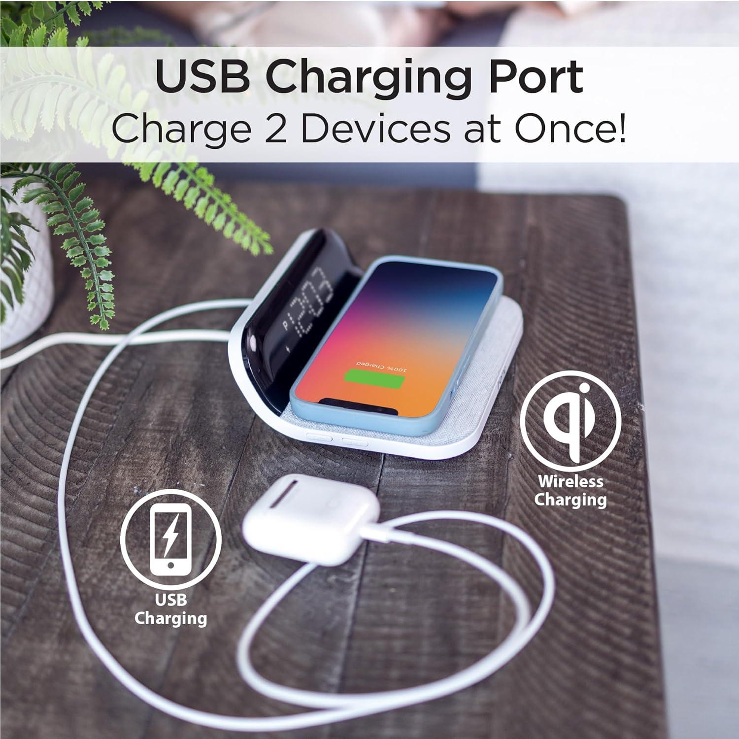 iHome iW18 Digital Alarm Clock, Dual Alarm Clock with USB Charger & QI Charging, Alarm Clocks for Bedrooms, Adjustable Brightness Dimmer (White)