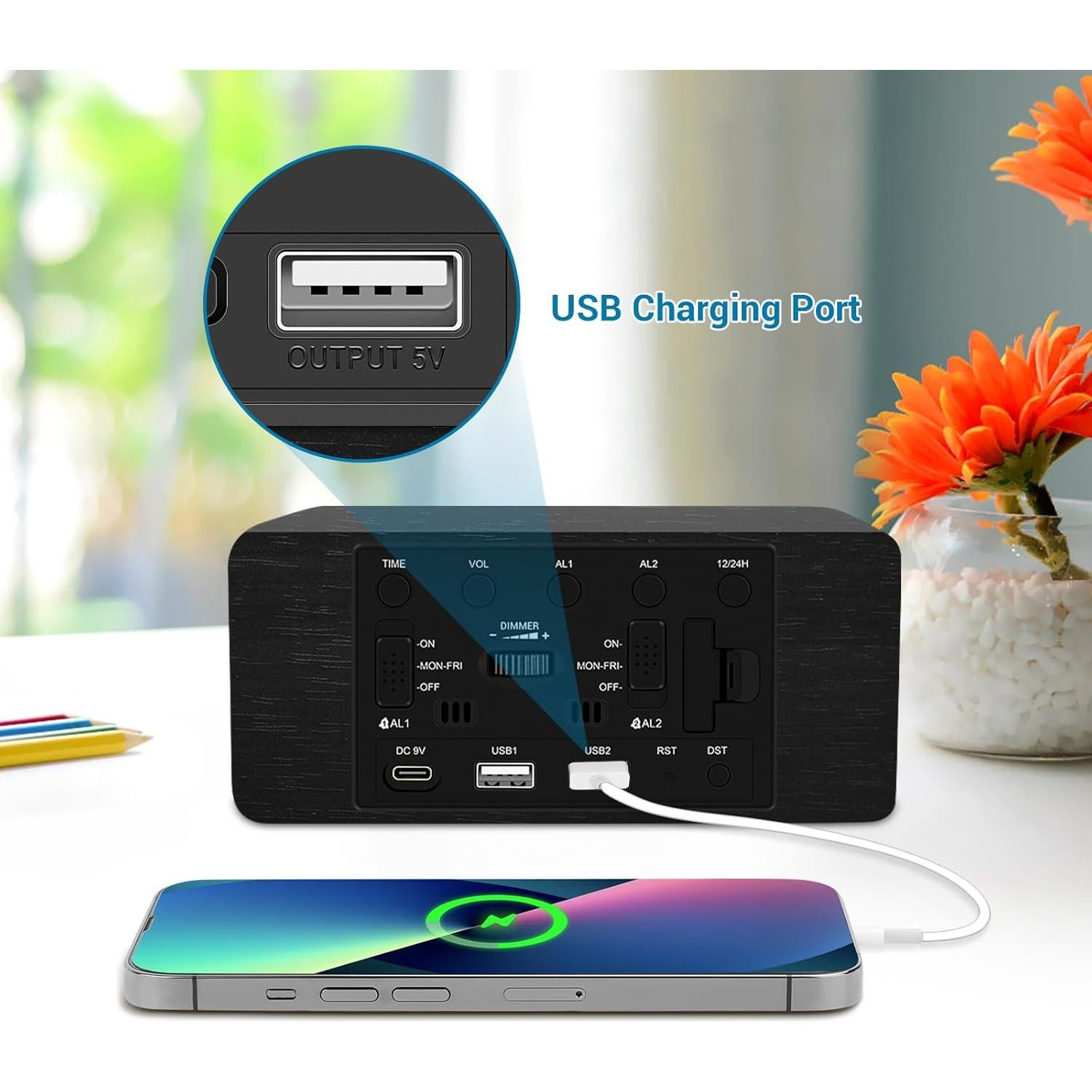 Reloj Despertador Digital URAYCO de Madera con Cargador 10W