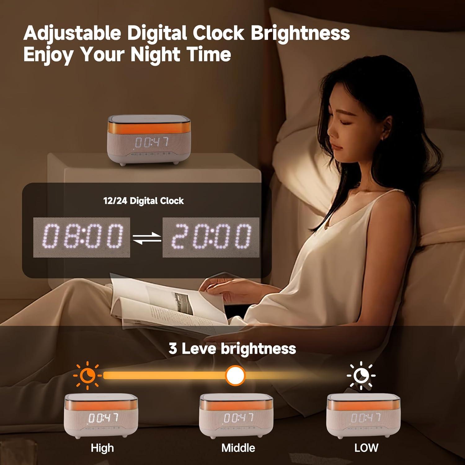 Bluetooth Speaker Alarm Clock with Night Light,6 in 1 Wireless Charging Station for iPhone 15/Samsung Series,Clock for Bedroom Adjustable 3 Levels Digital Brightness Touch Snooze Sleep Timer 12/24H